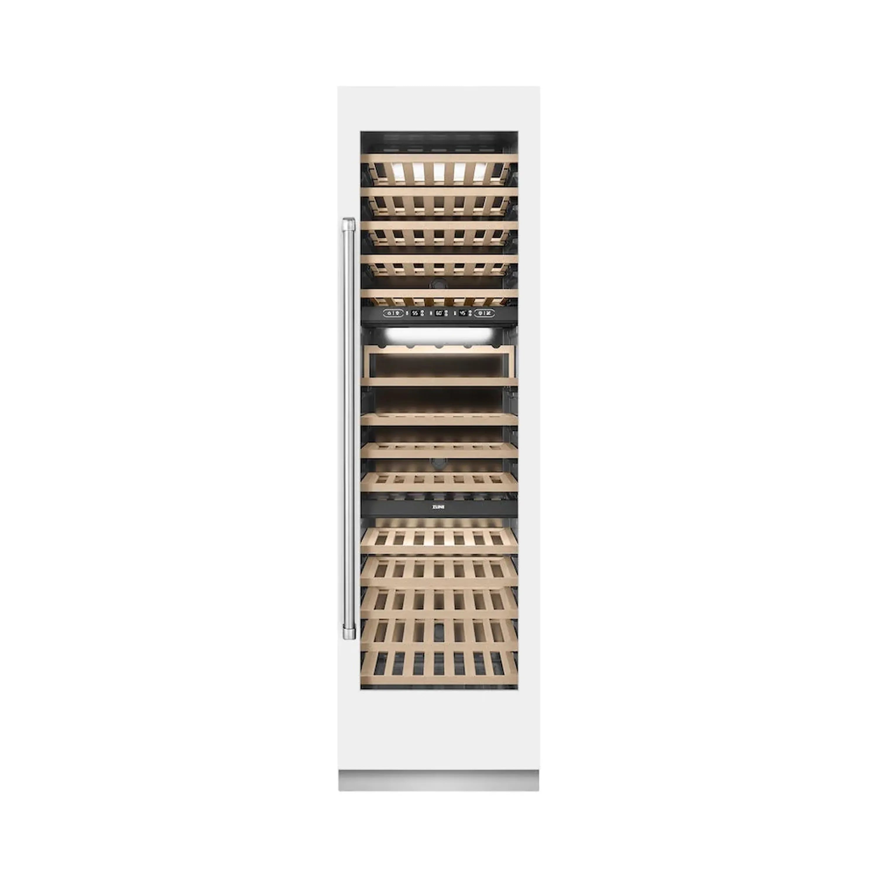 Wine cooler door open, showing empty wood racks for bottle storage