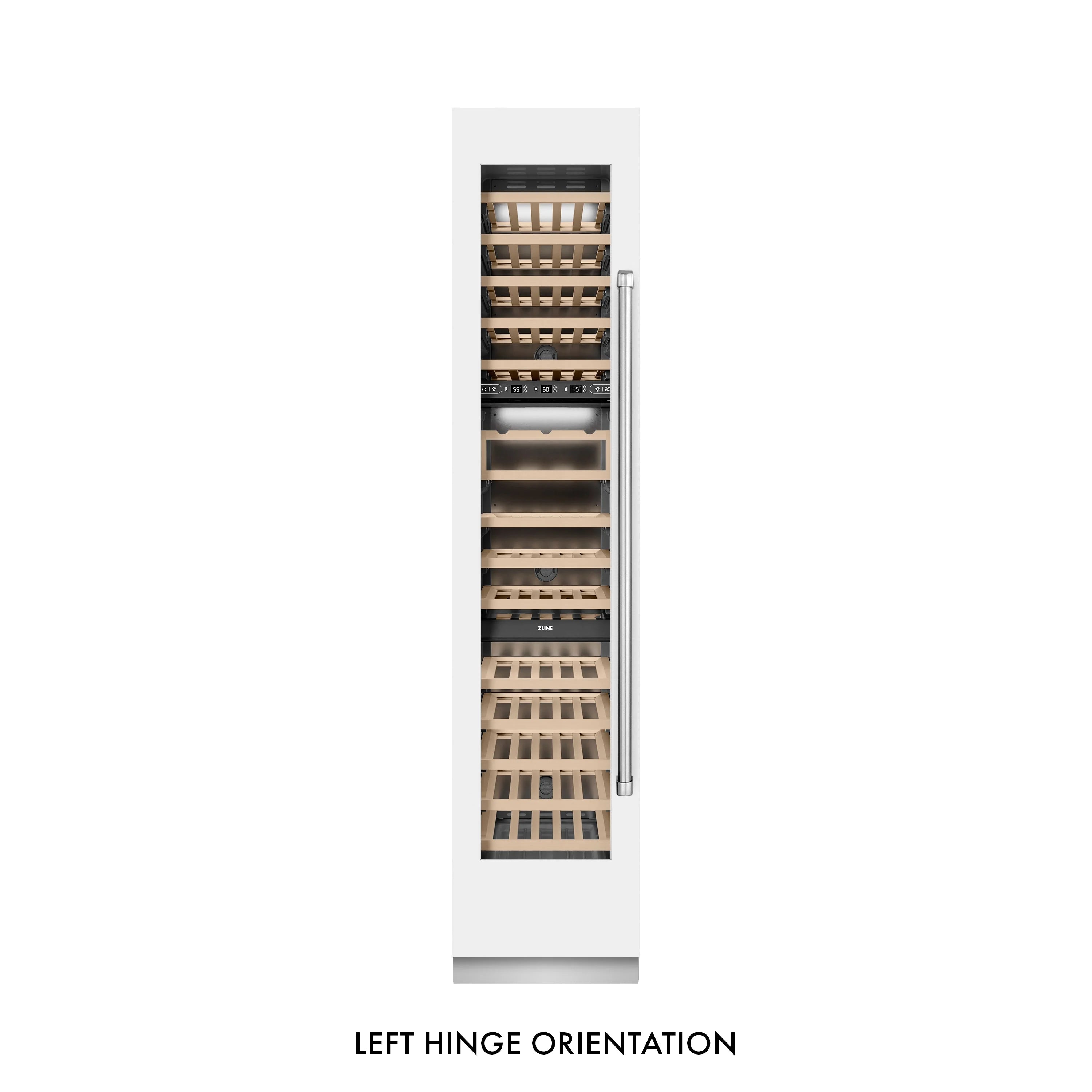 White matte built-in wine cooler showing left hinge orientation with pull-out door view