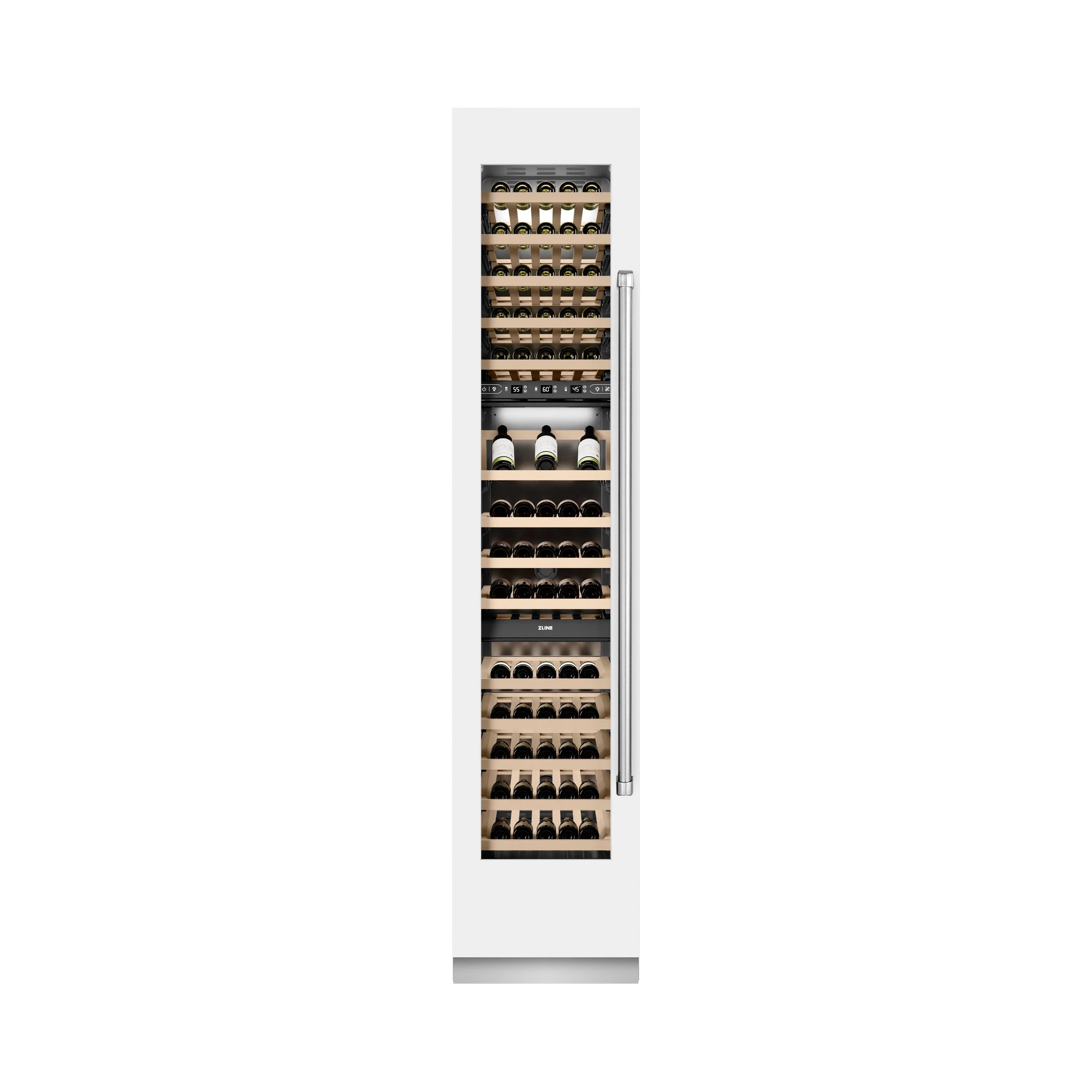 White matte built-in wine cooler with door open and stacked wine bottles on wood racks