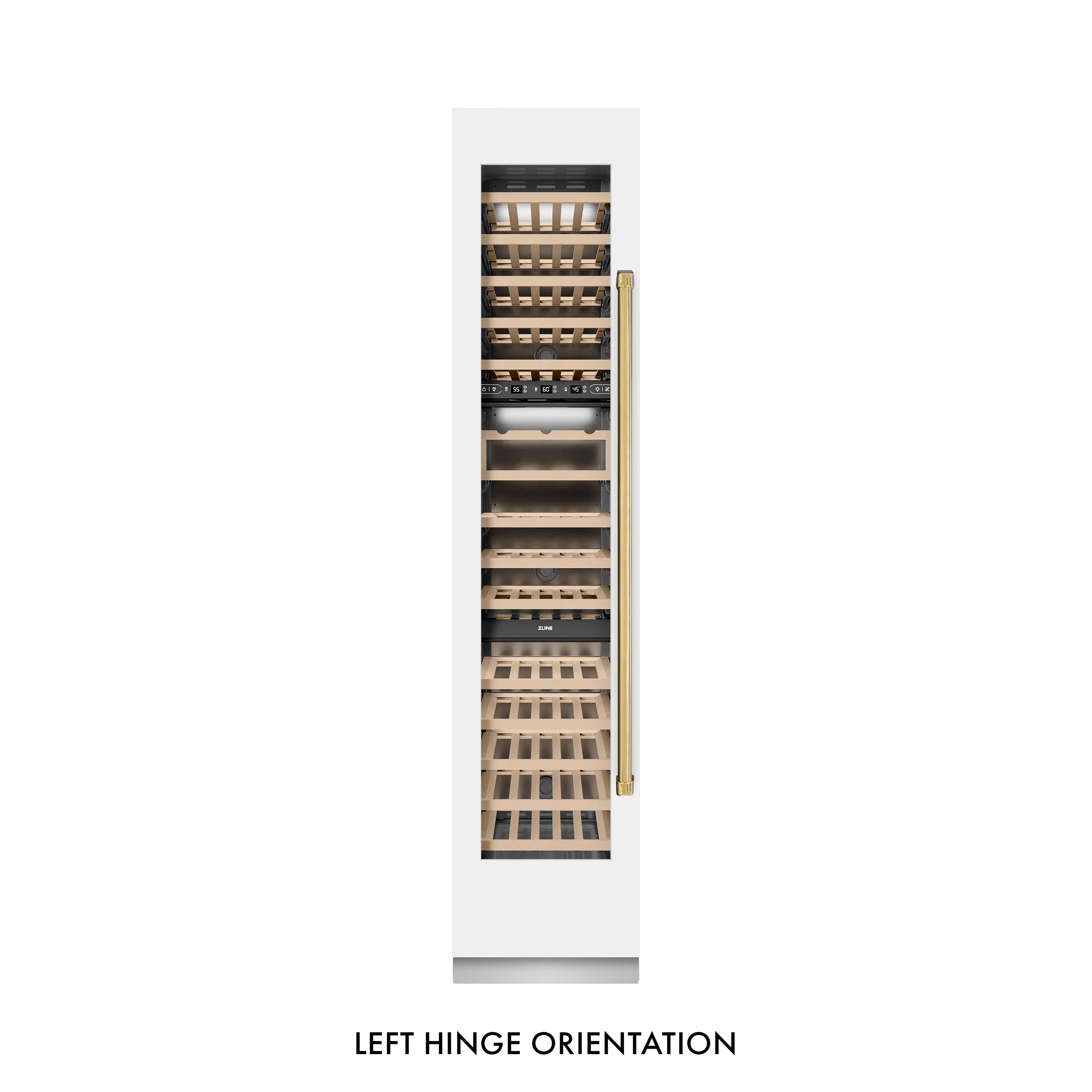 White matte wine cooler with gold handle, left-hinged door, and empty interior racks