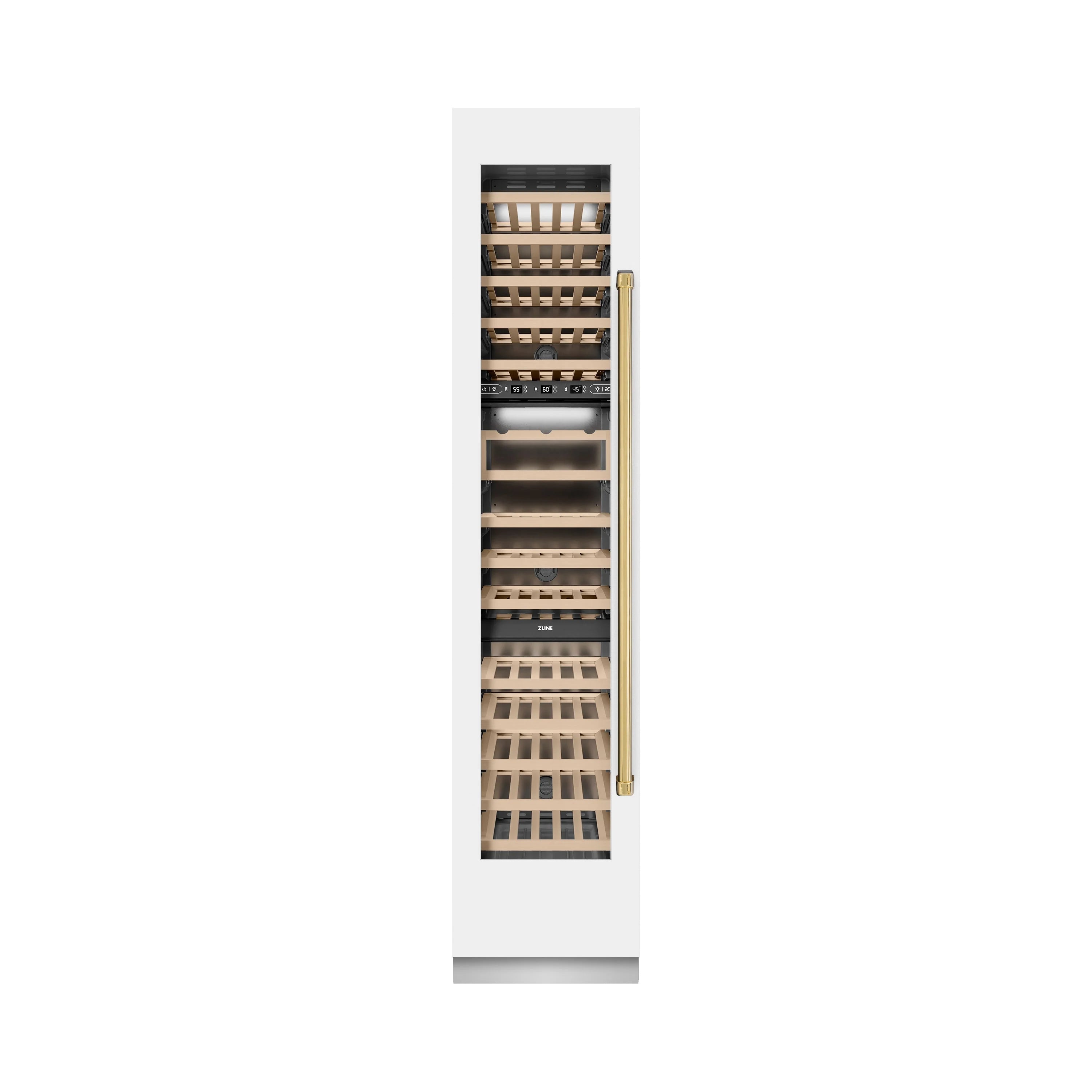 White matte wine cooler with gold handle, left-hinged door, and empty wood racks