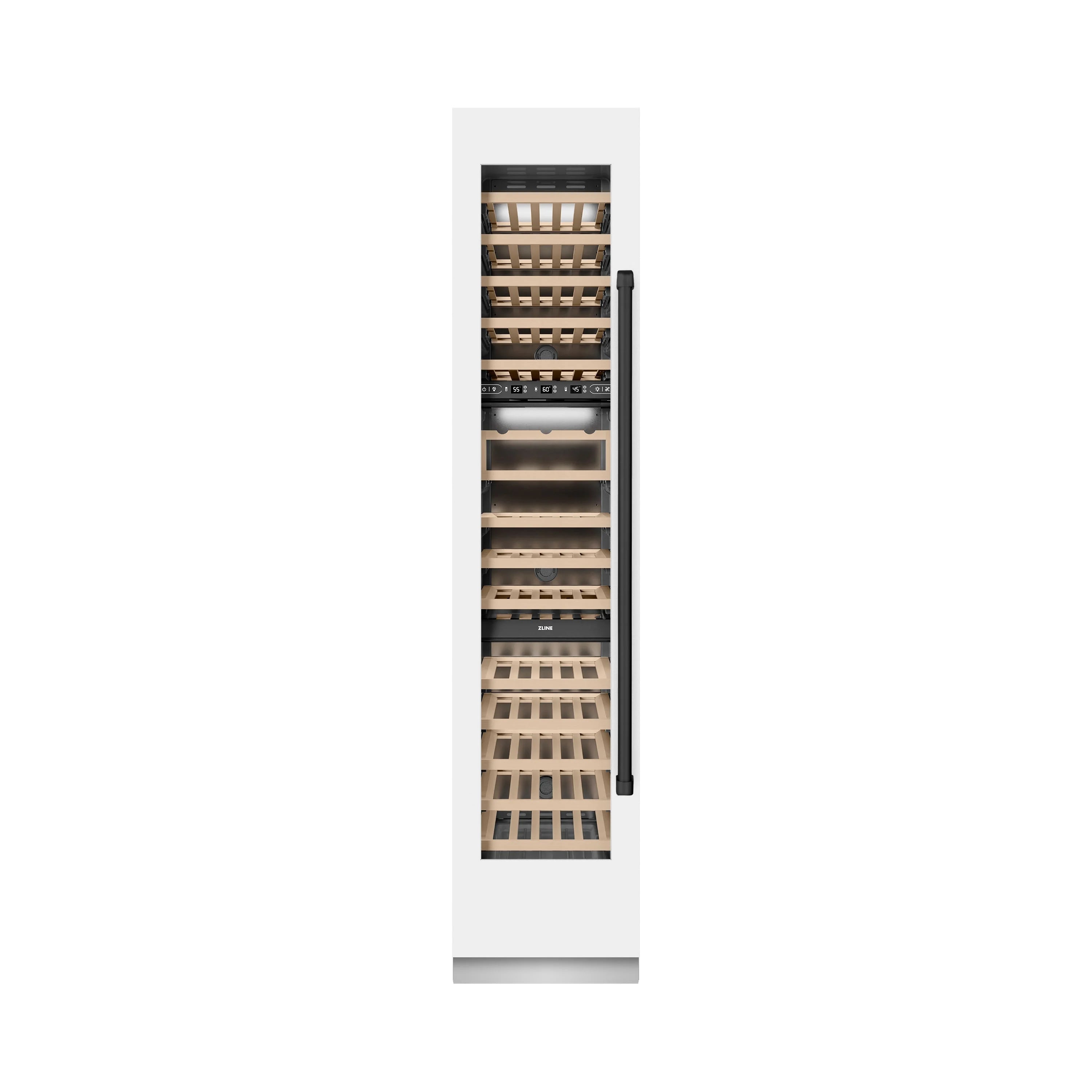 Wine cooler front view with glass door, black handle, and stacked wooden shelves