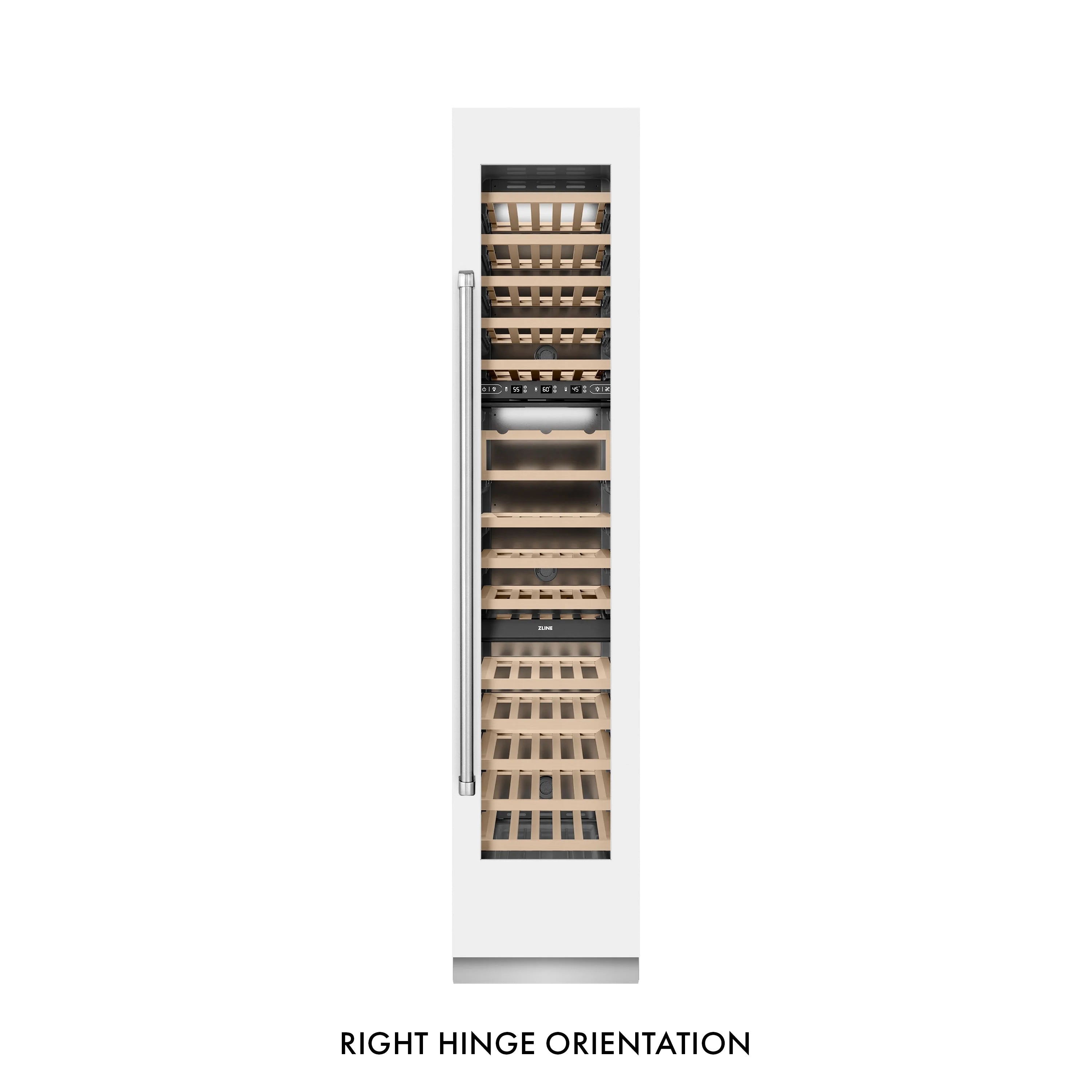 White wine cooler with door open, stacked wooden racks and bottle slots