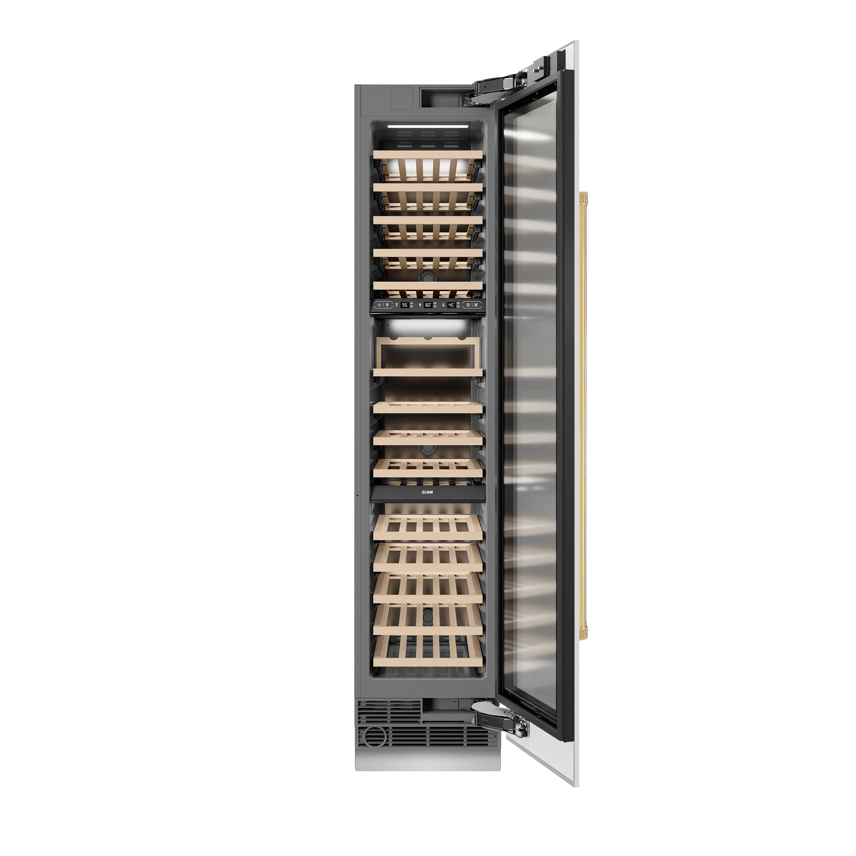 Wine cooler cabinet open to reveal wooden wine racks and bottle storage compartments