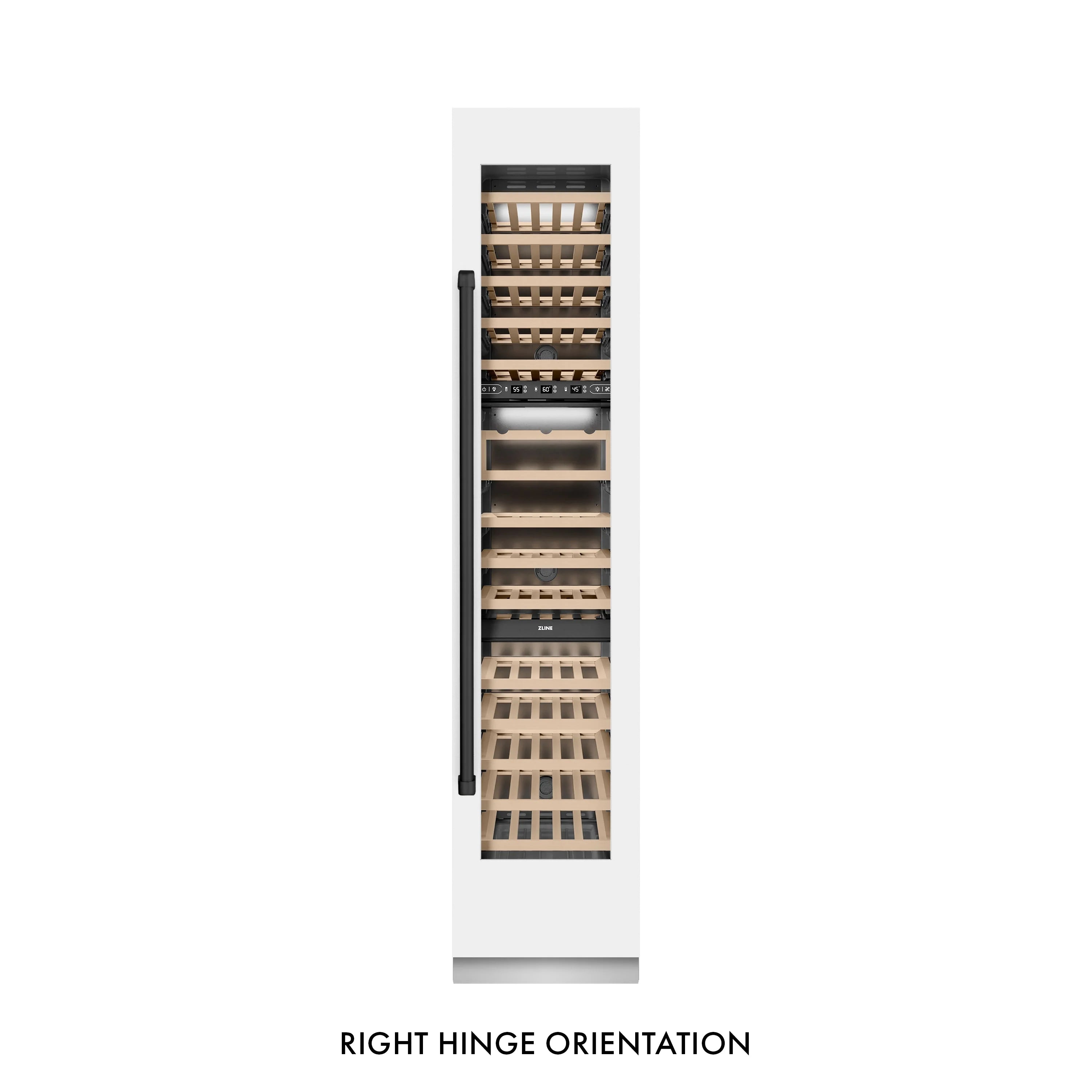 Right hinge wine cooler with pull handle and empty interior shelf racks diagram