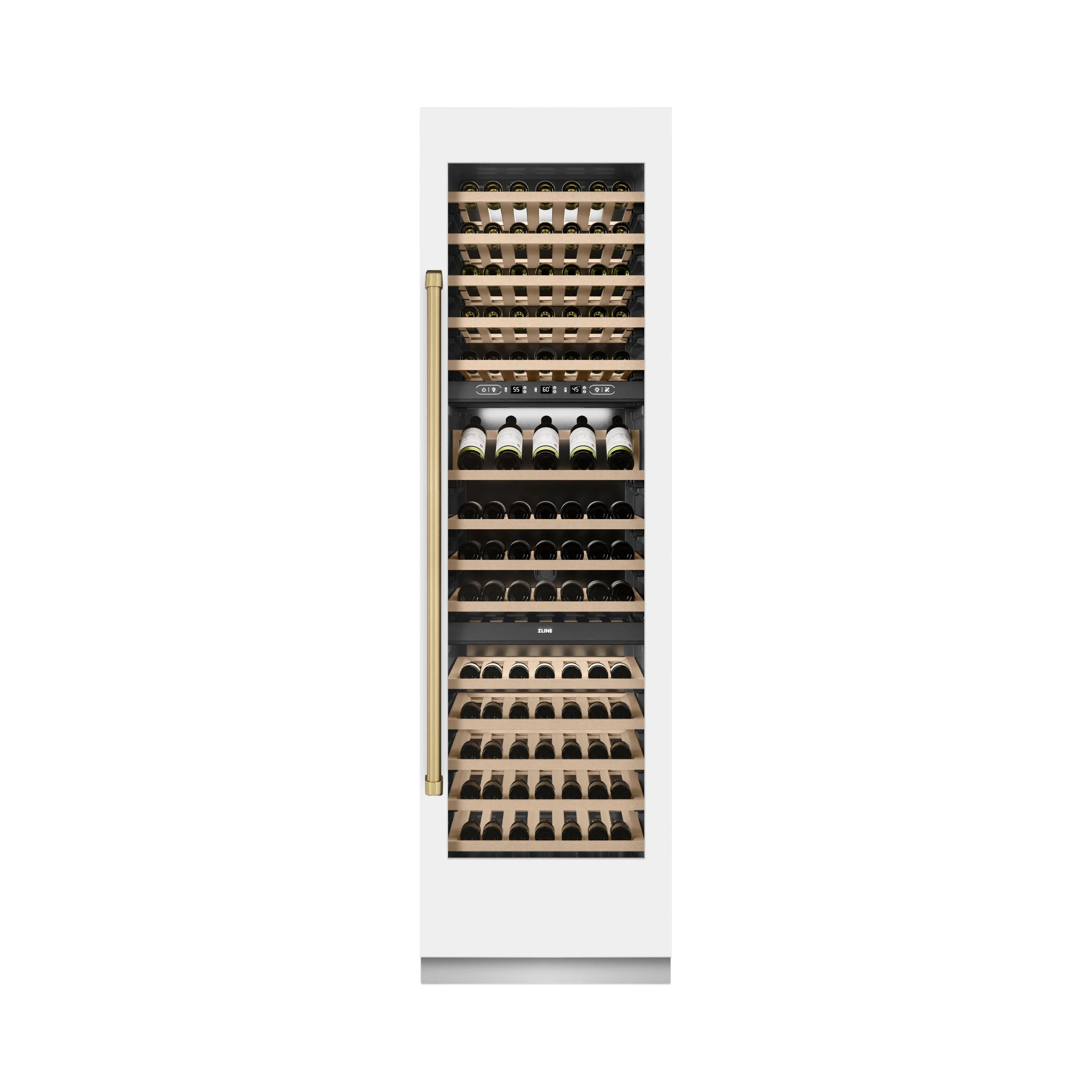 Wine cooler door open showing interior shelves and stacked bottles