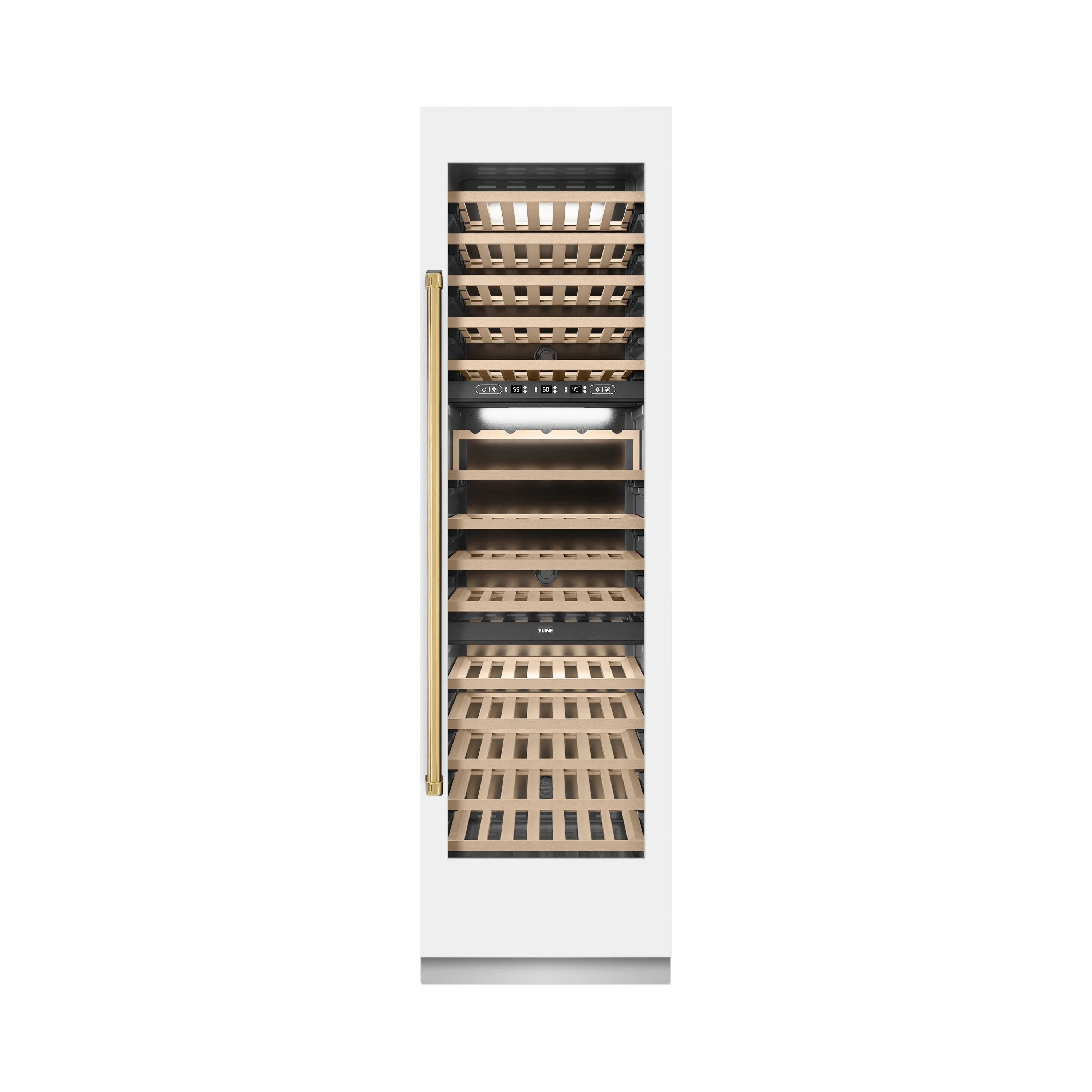 Tall wine cooler interior with wood racks and bottle holders, front view