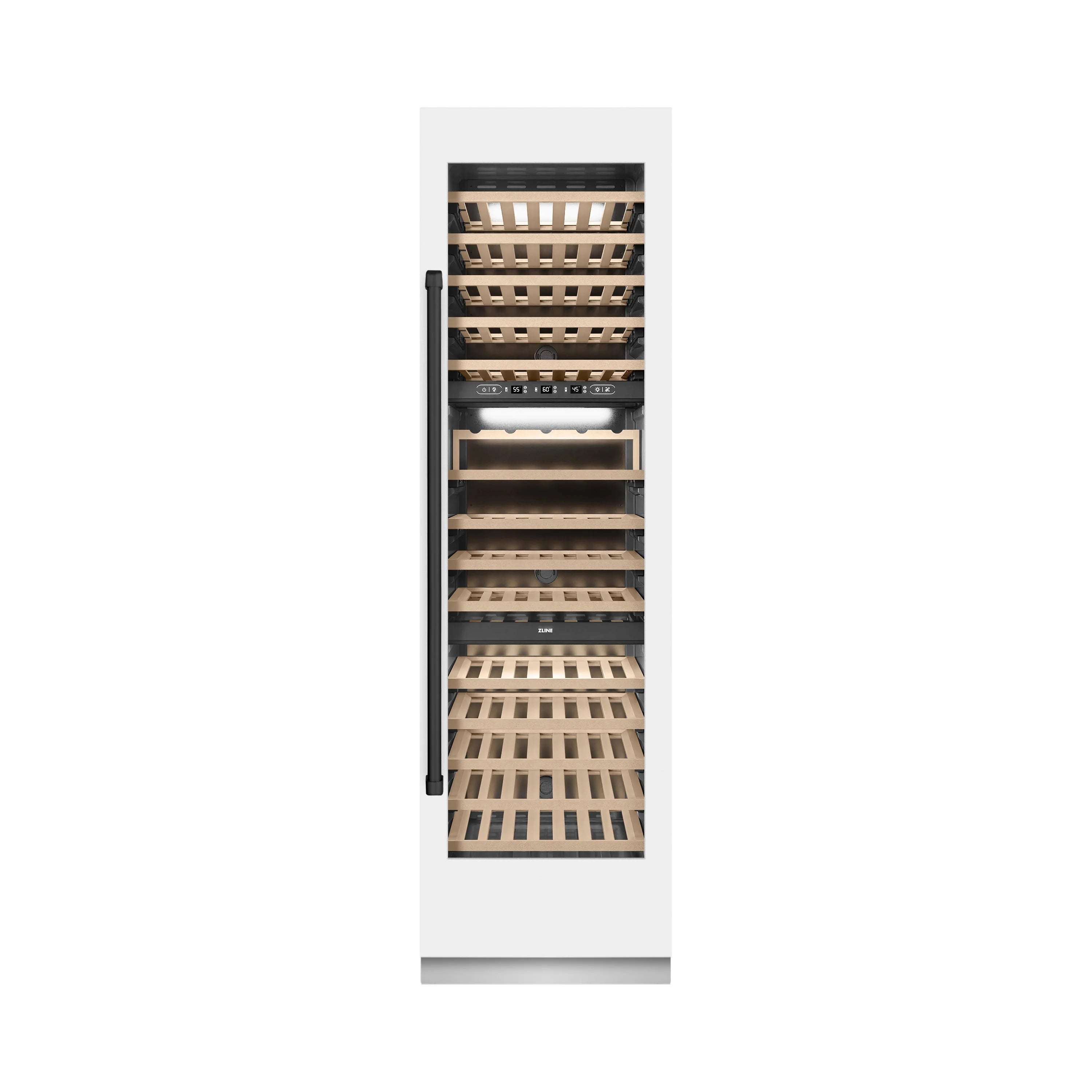 Tall white wine cooler with racks visible through the open door