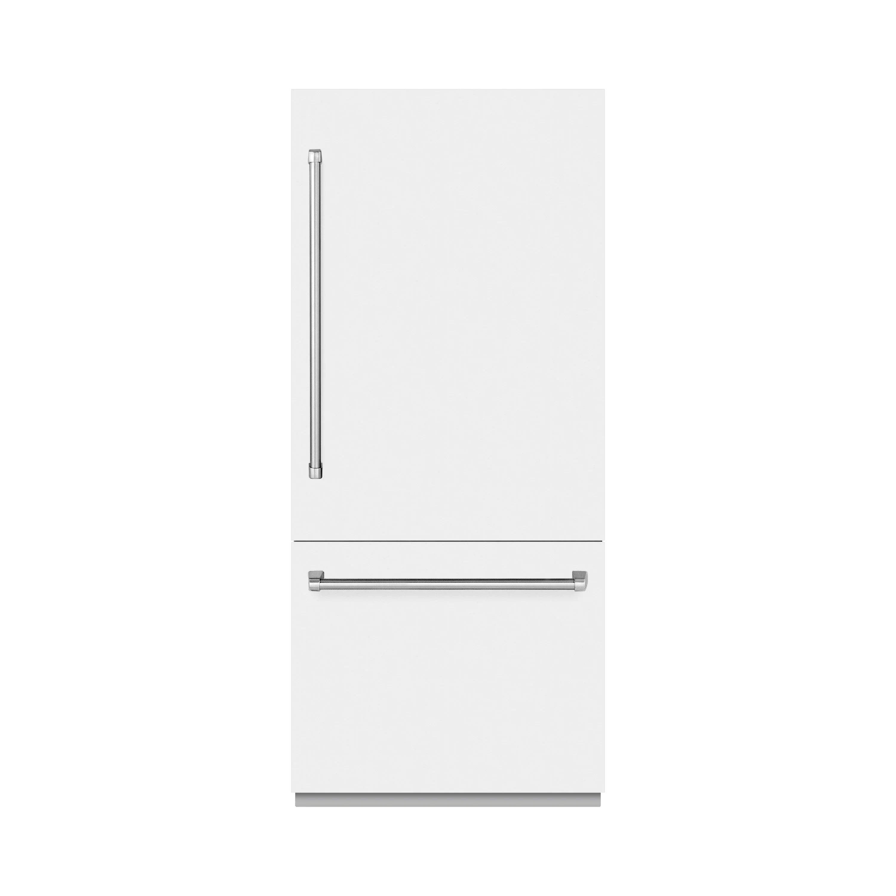 Built-in bottom freezer refrigerator, white exterior with freezer drawer handle.