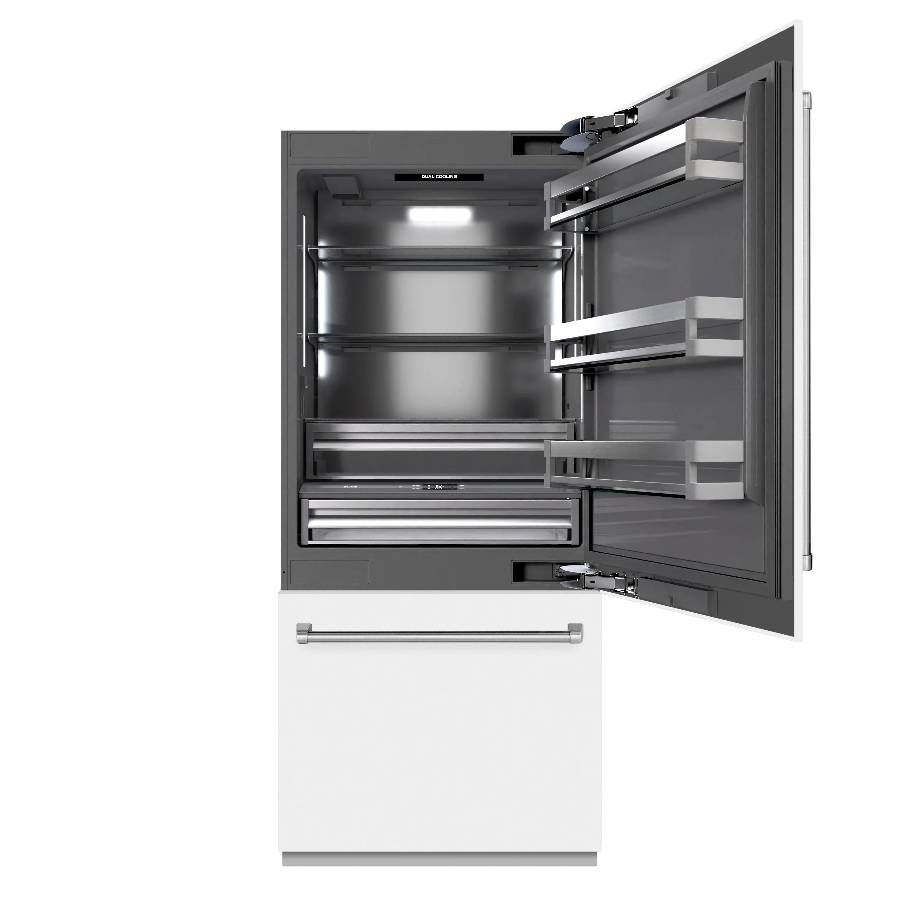 Built-in bottom freezer refrigerator with open door, graphite interior shelves and drawers.