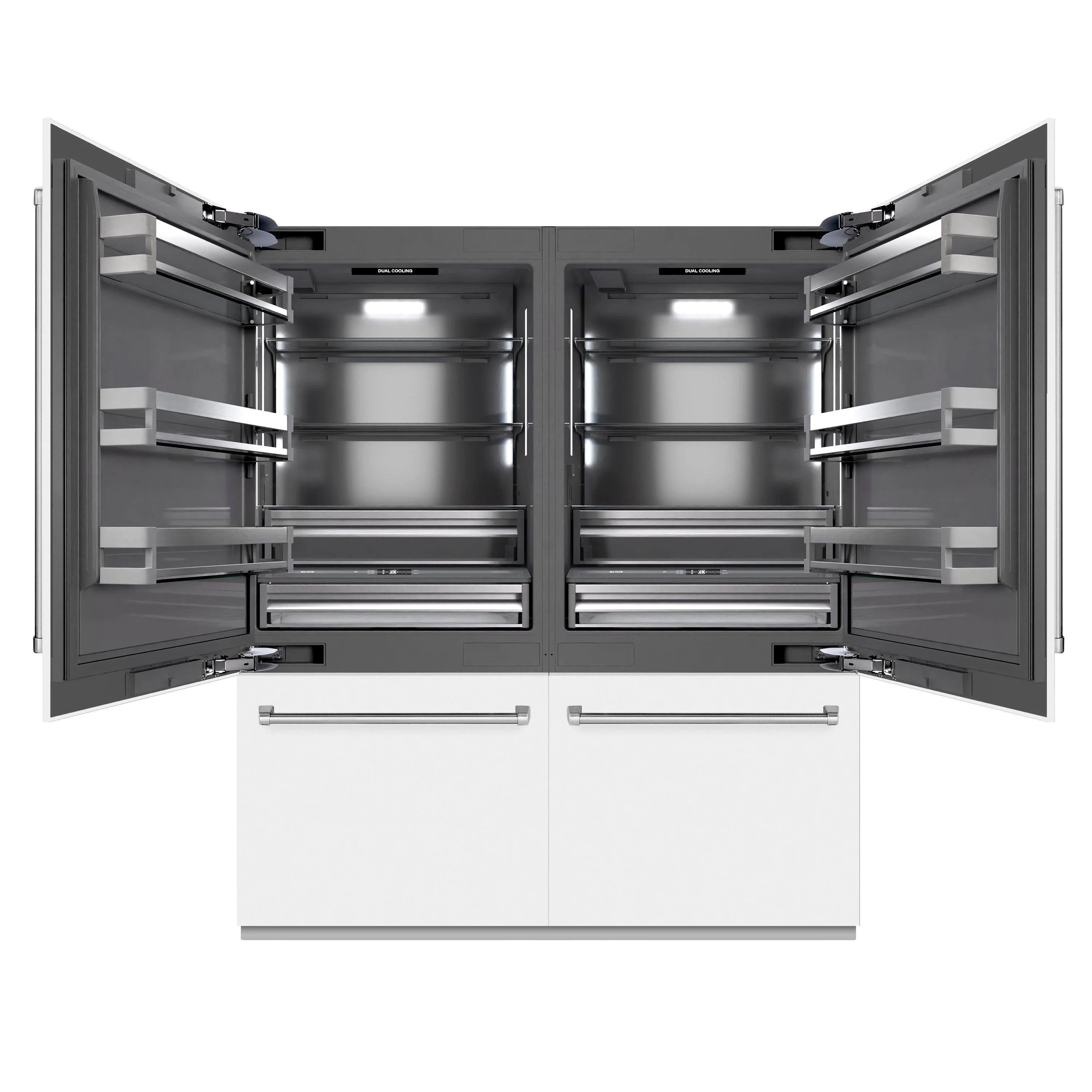 Refrigerator doors open to show graphite gray interior shelves and freezer compartments