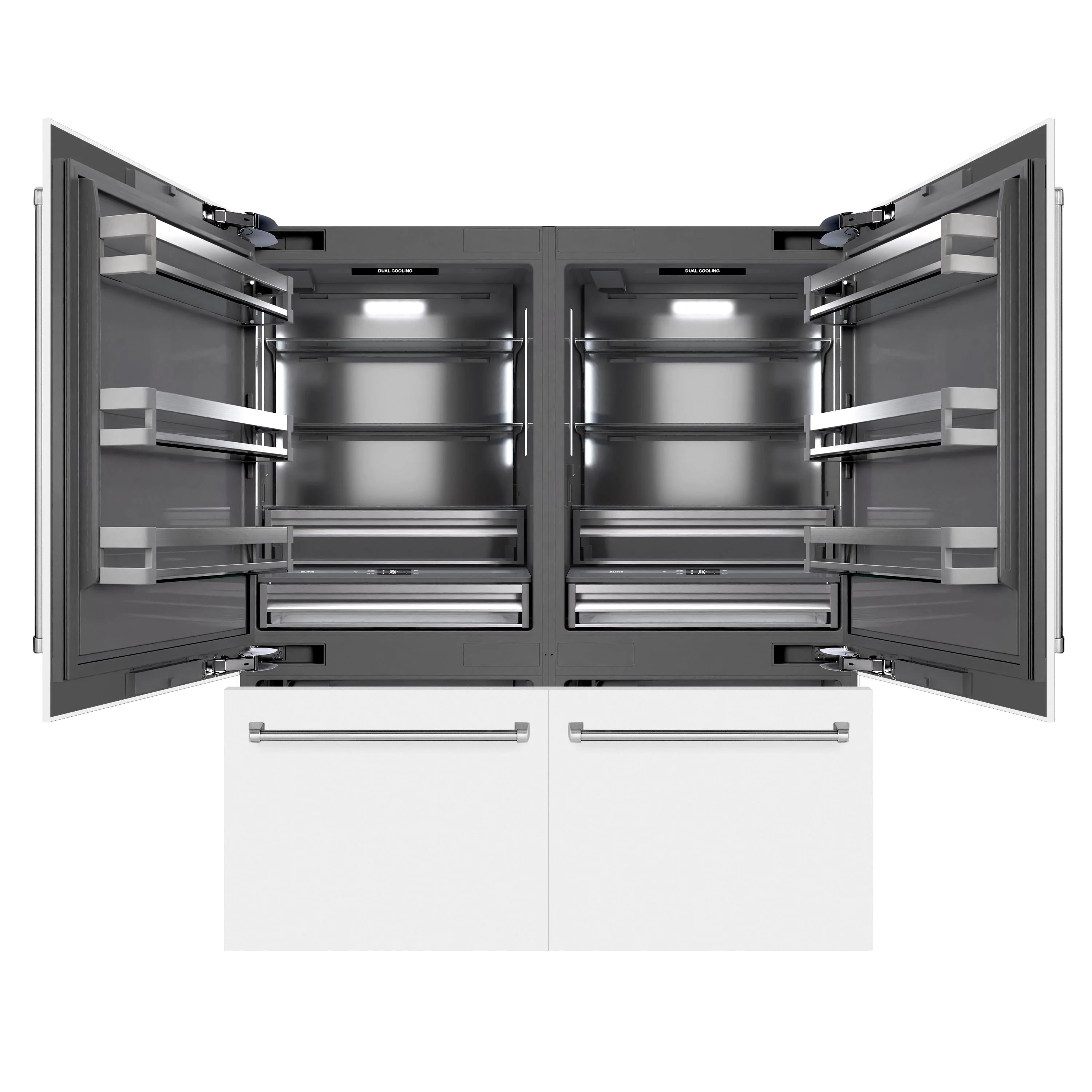 Open French door bottom freezer refrigerator with metal interior shelves and drawers