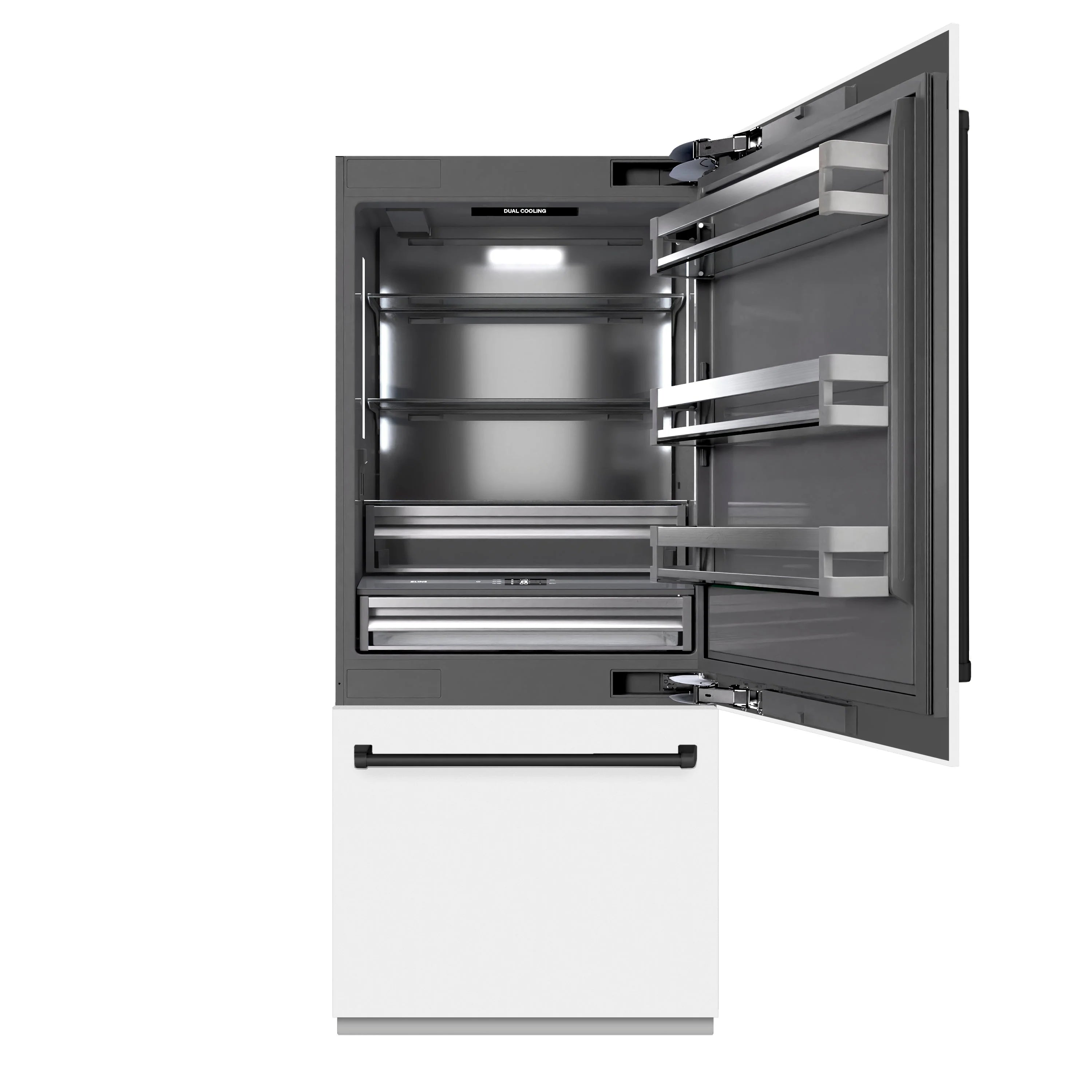 Bottom freezer refrigerator with open door, gray interior shelves, and bottom freezer drawer