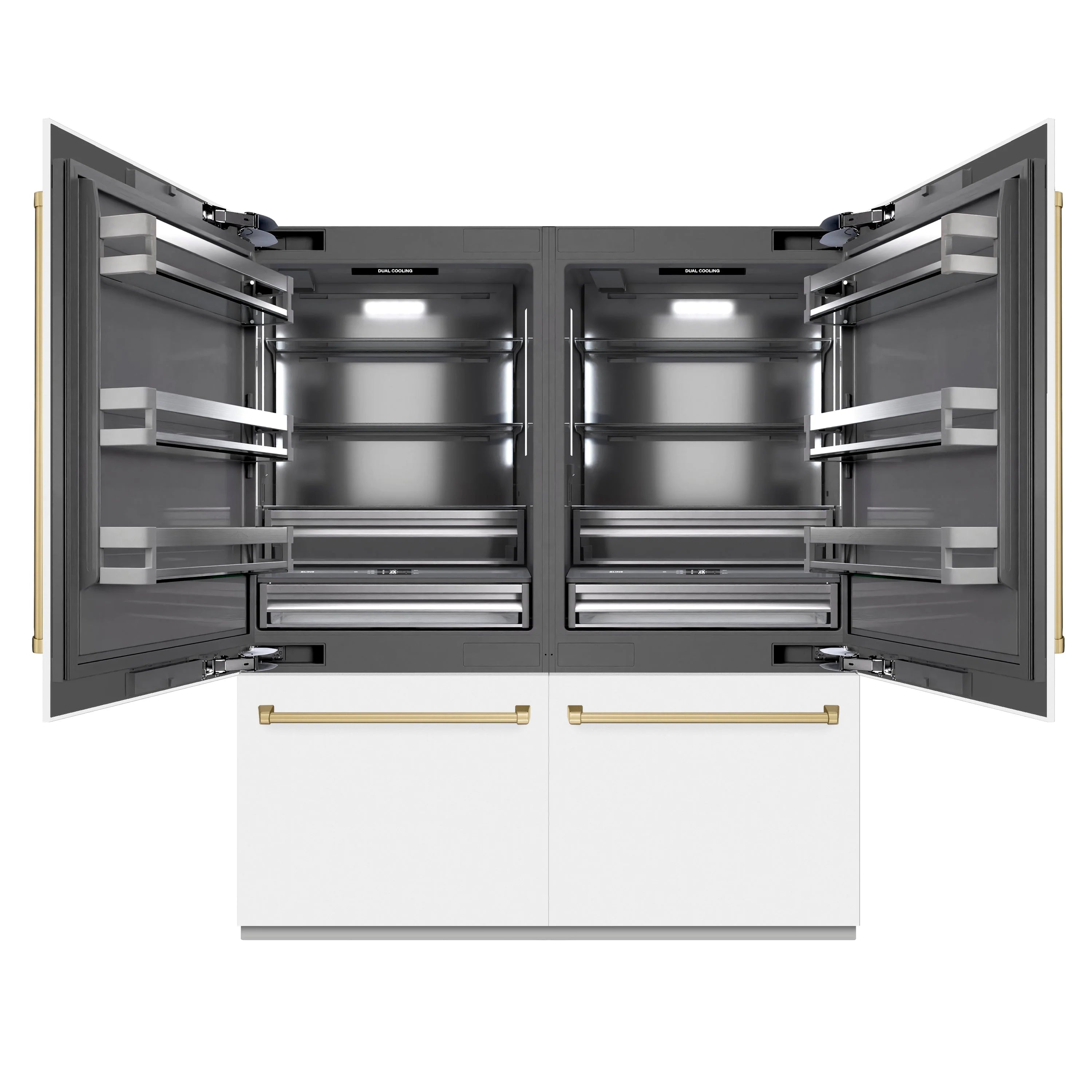 French-door refrigerator with open freezer drawers and graphite gray interior, bronze accents