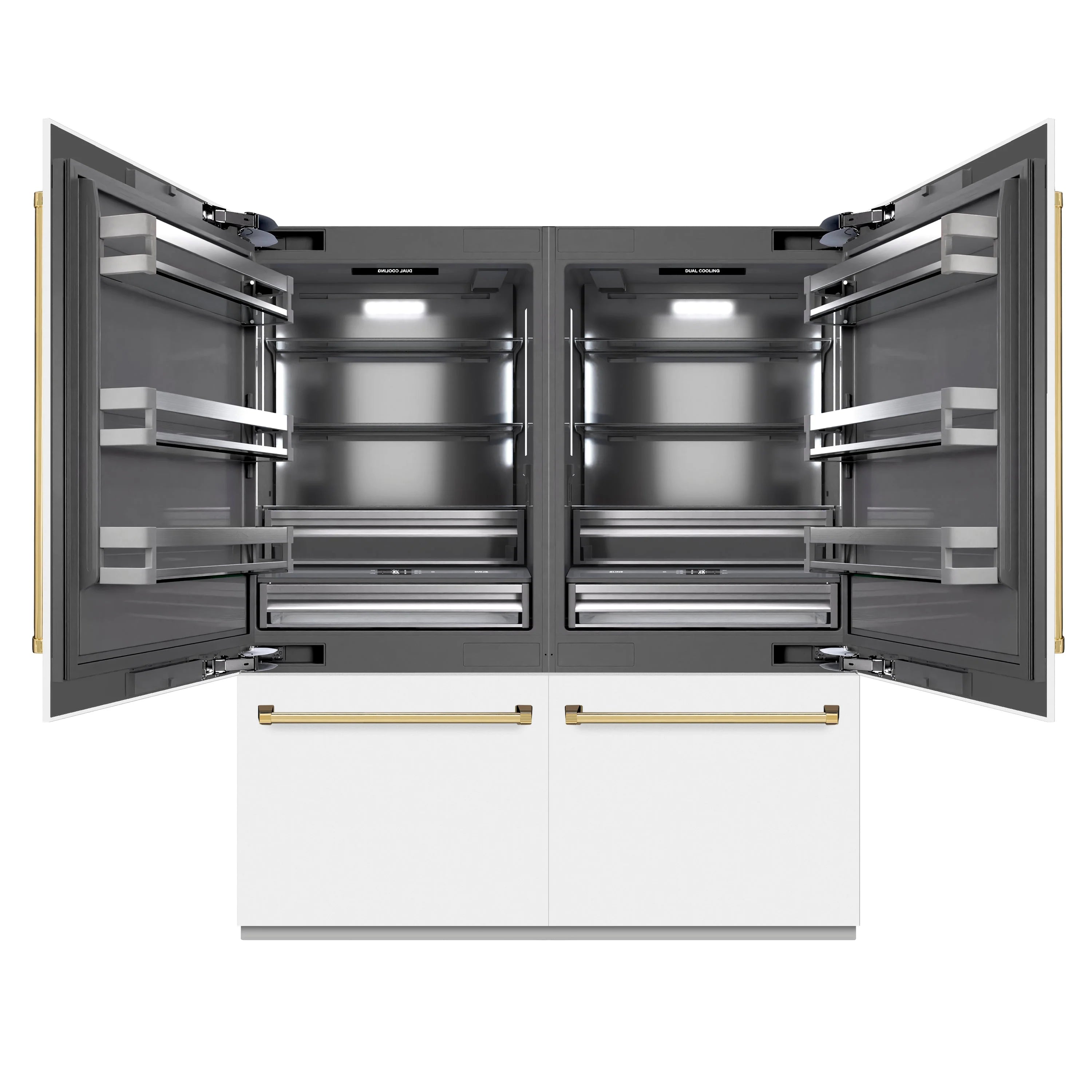 French door refrigerator open view showing gray shelves and polished gold handle accents