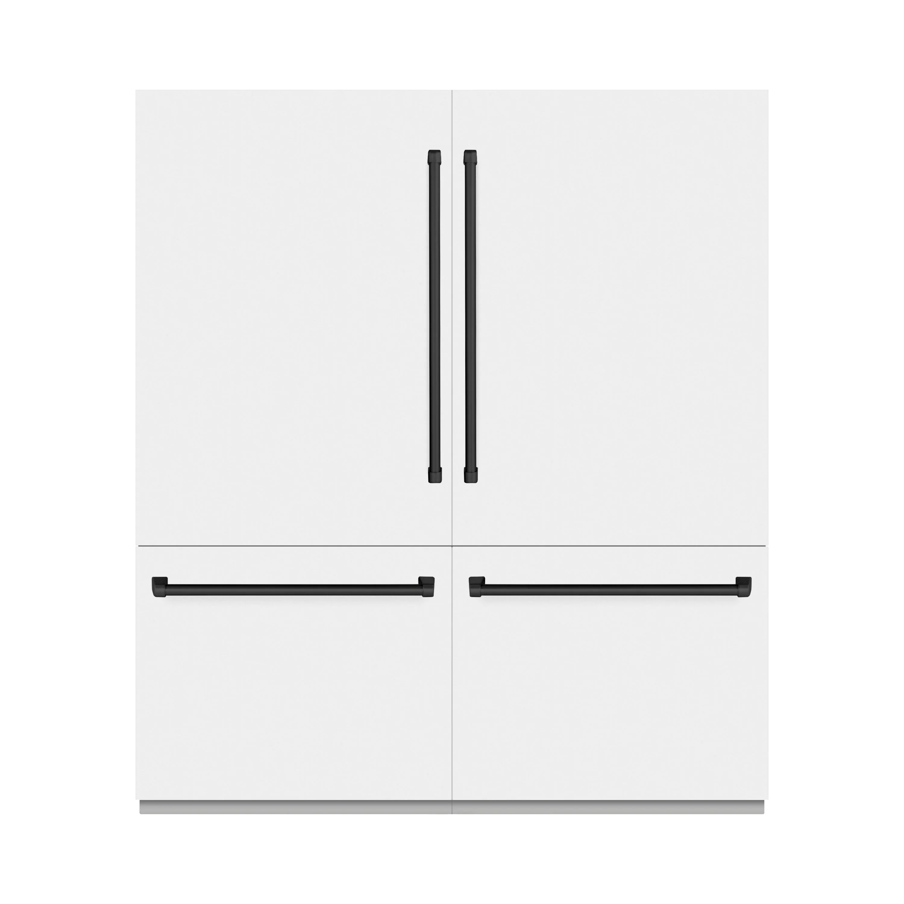 White French door refrigerator with graphite gray vertical handles and black bar pulls