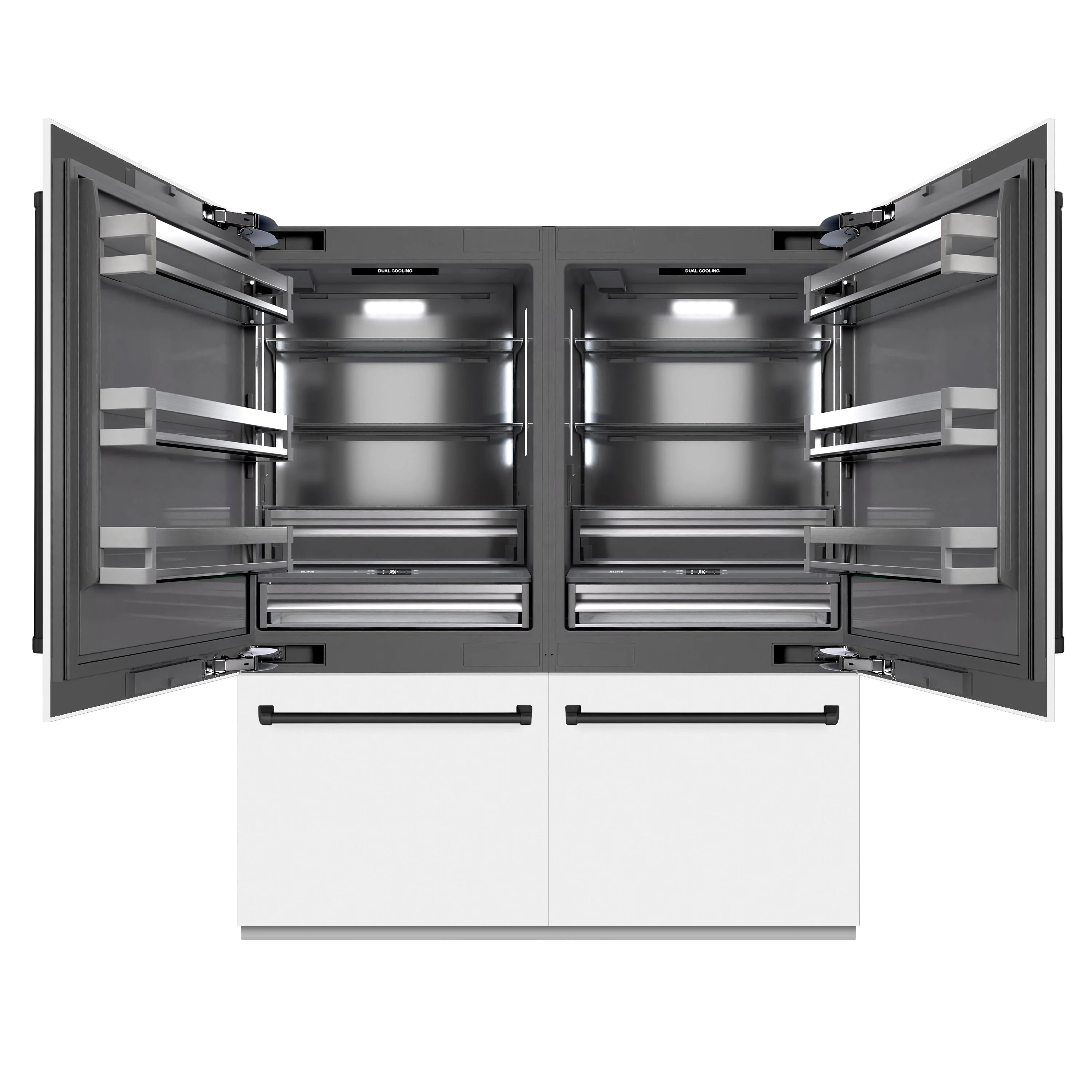 French door refrigerator with both doors open and stainless shelving inside