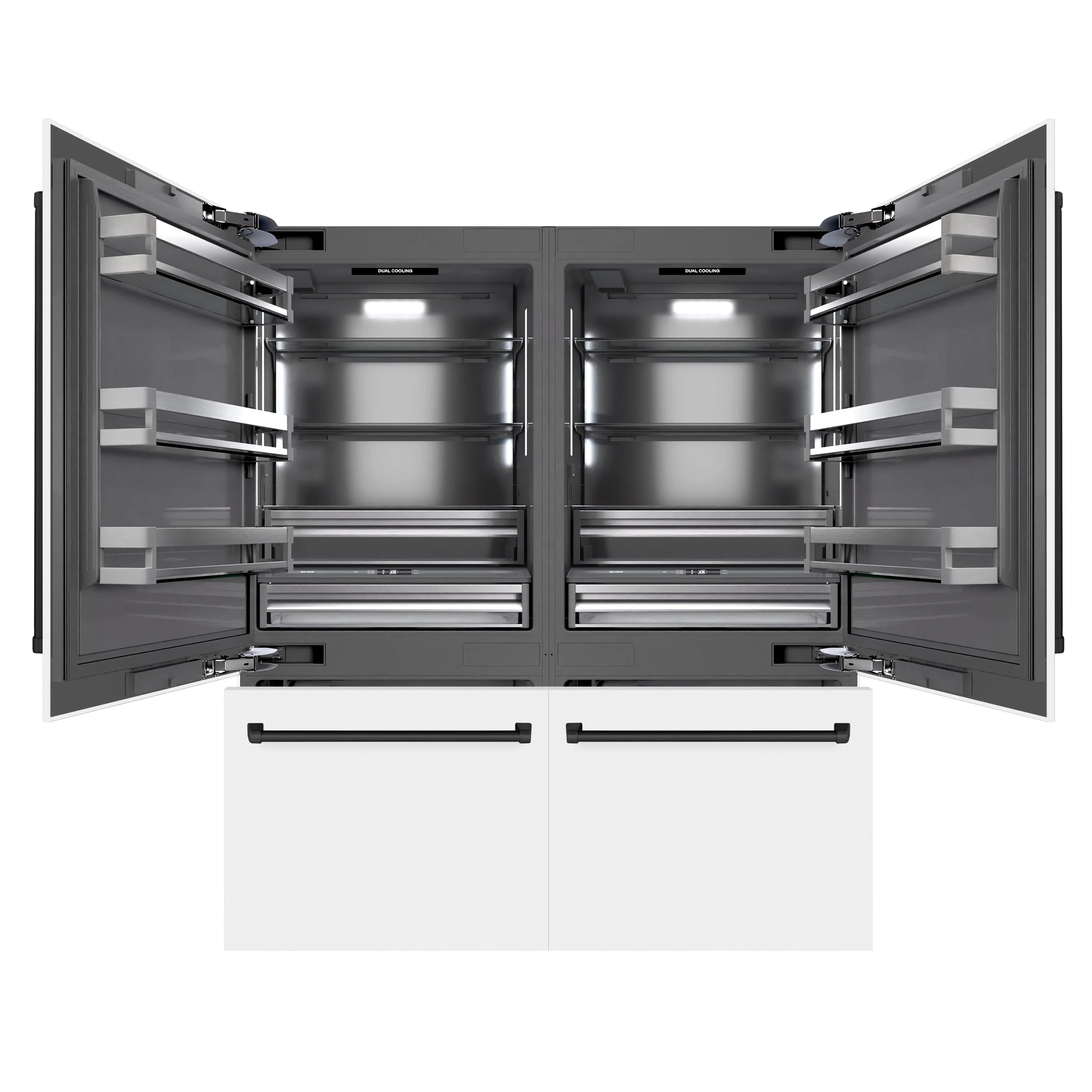 French door refrigerator doors open showing full-width stainless shelves and racks