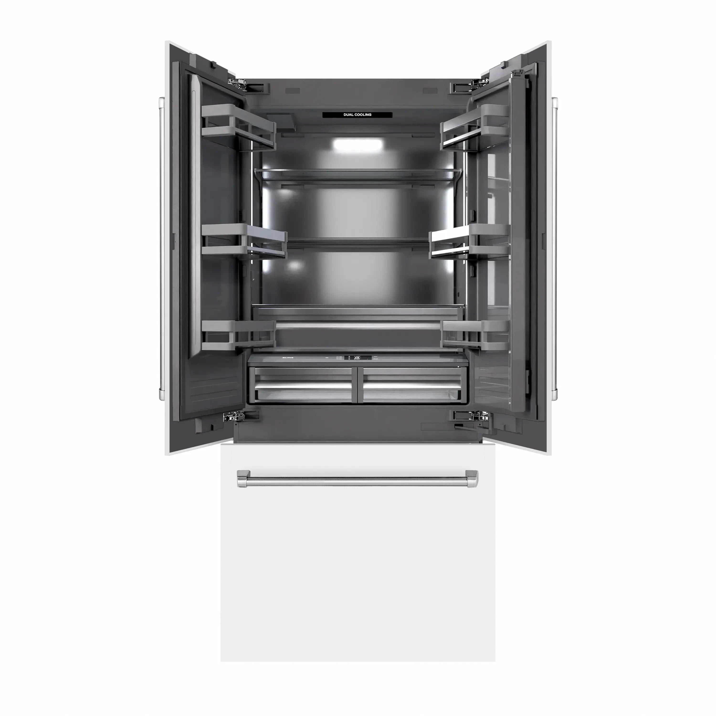 Built-in bottom freezer refrigerator with doors open, freezer drawer and mid-level shelves