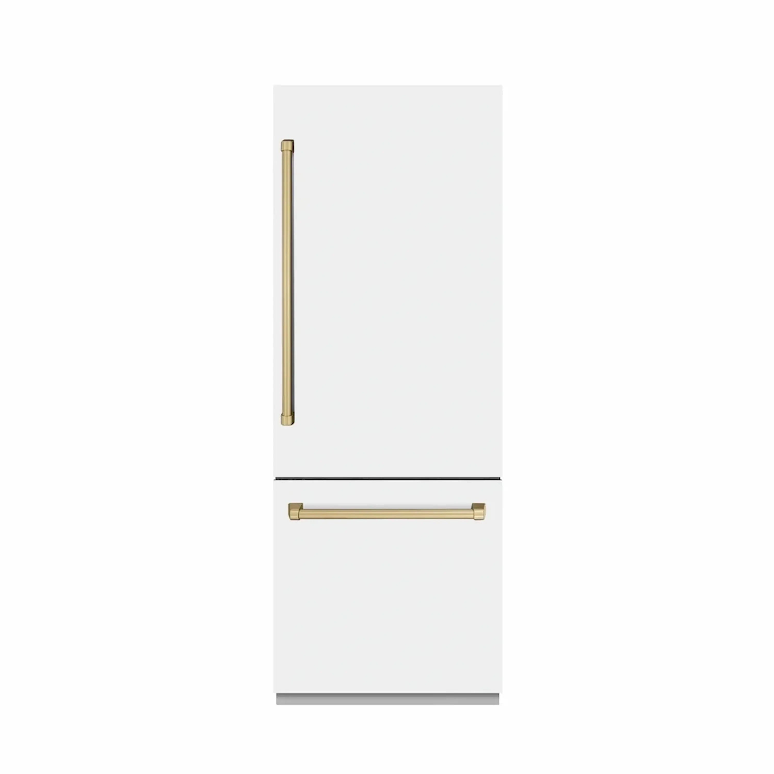 White refrigerator door with champagne bronze vertical and horizontal bar handles