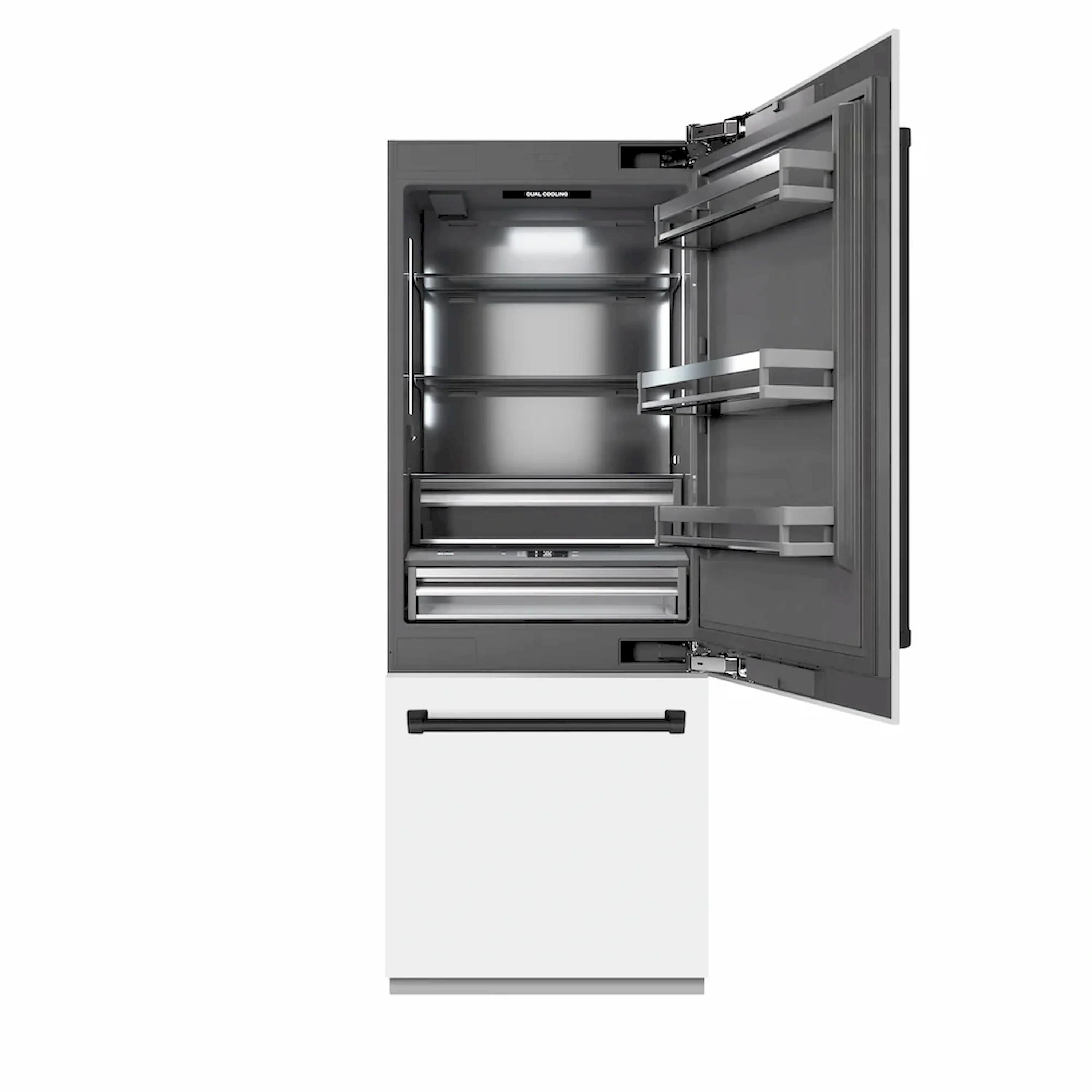 White refrigerator with open doors, interior shelves, and bottom freezer drawer and rails