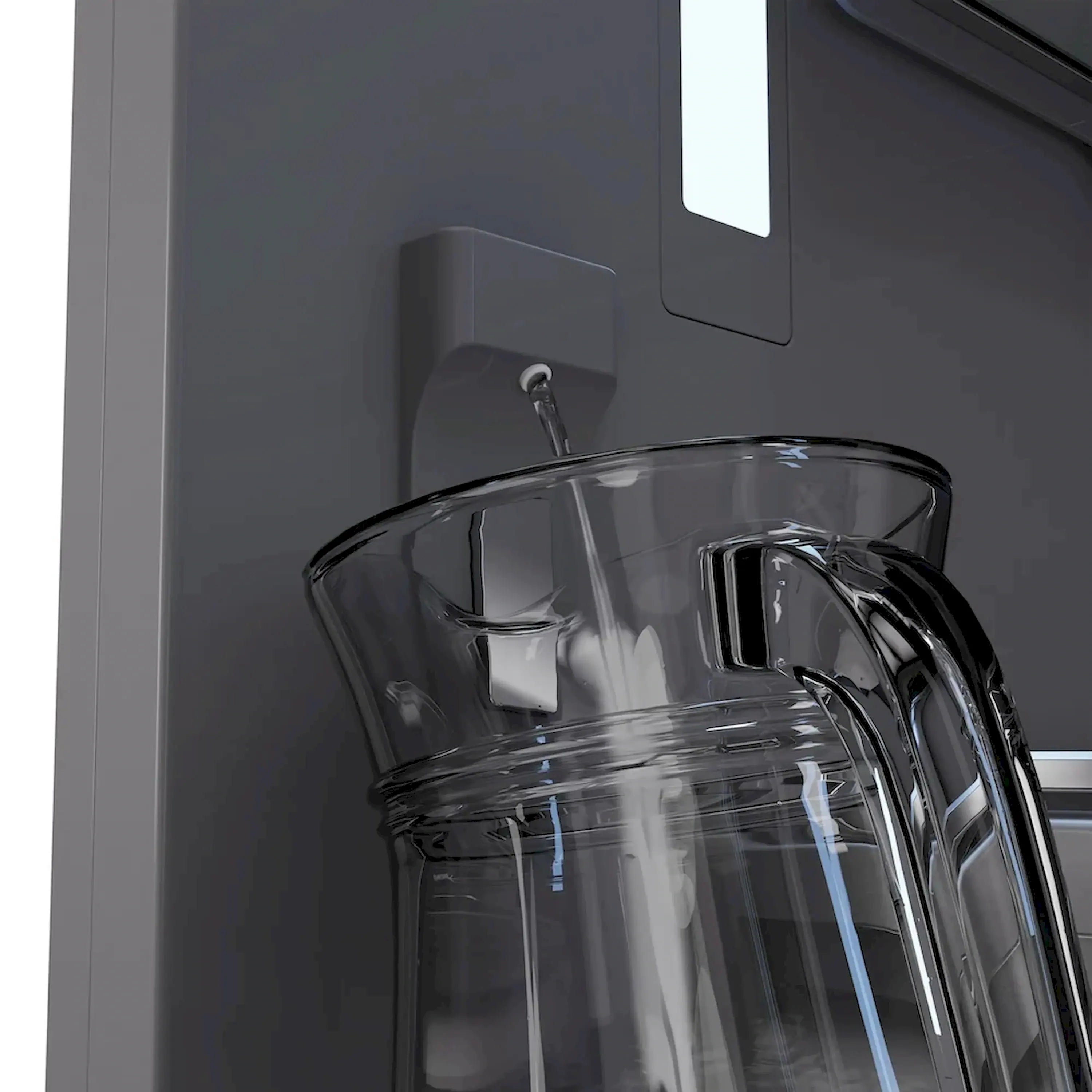Water dispenser area with clear container and faucet spout inside the refrigerator door