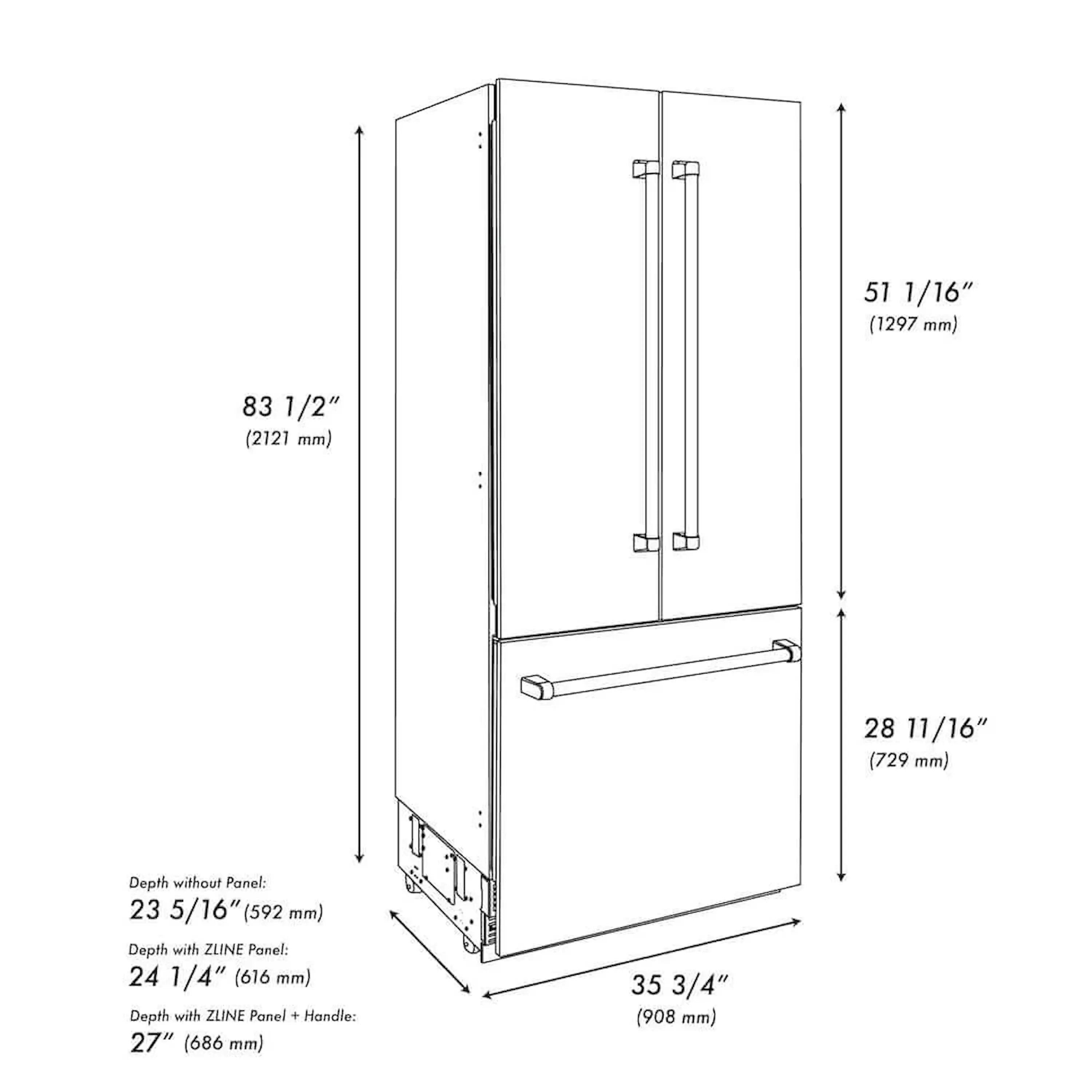 Refrigerator exterior dimensions diagram with side view and bottom freezer handle