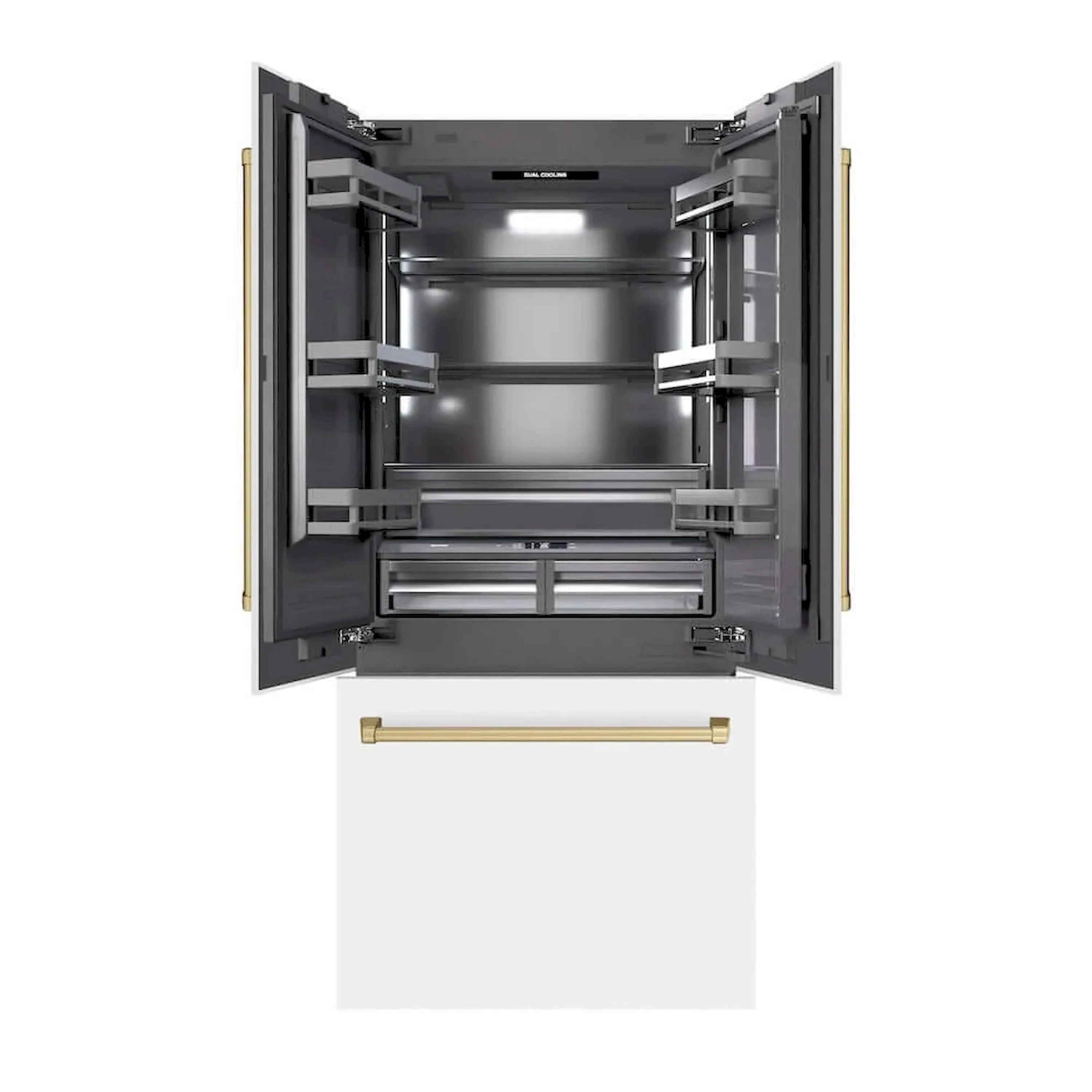 Built-in bottom freezer refrigerator with French doors open, graphite interior drawers, brass pull