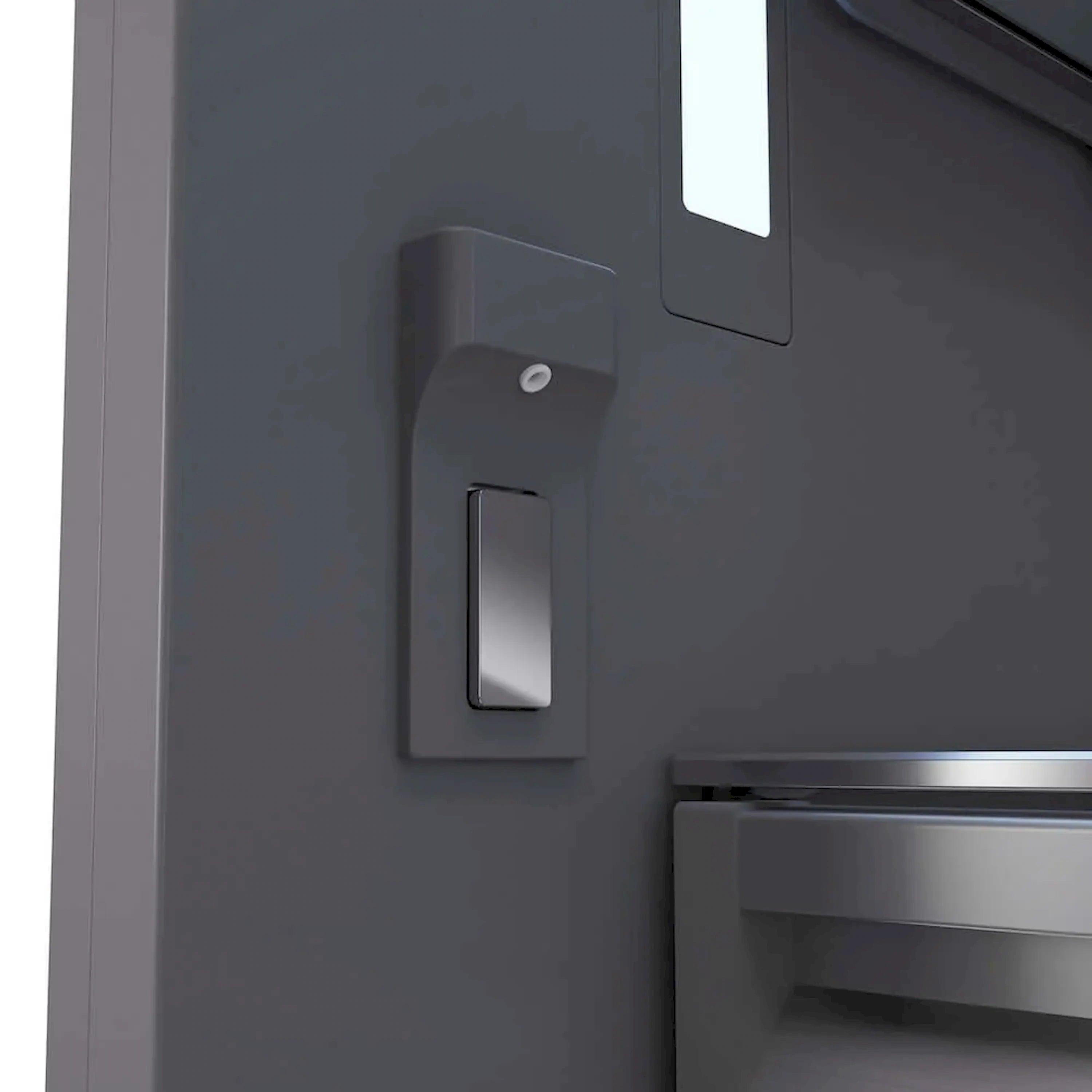 Side water dispenser button and spout area on gray refrigerator door