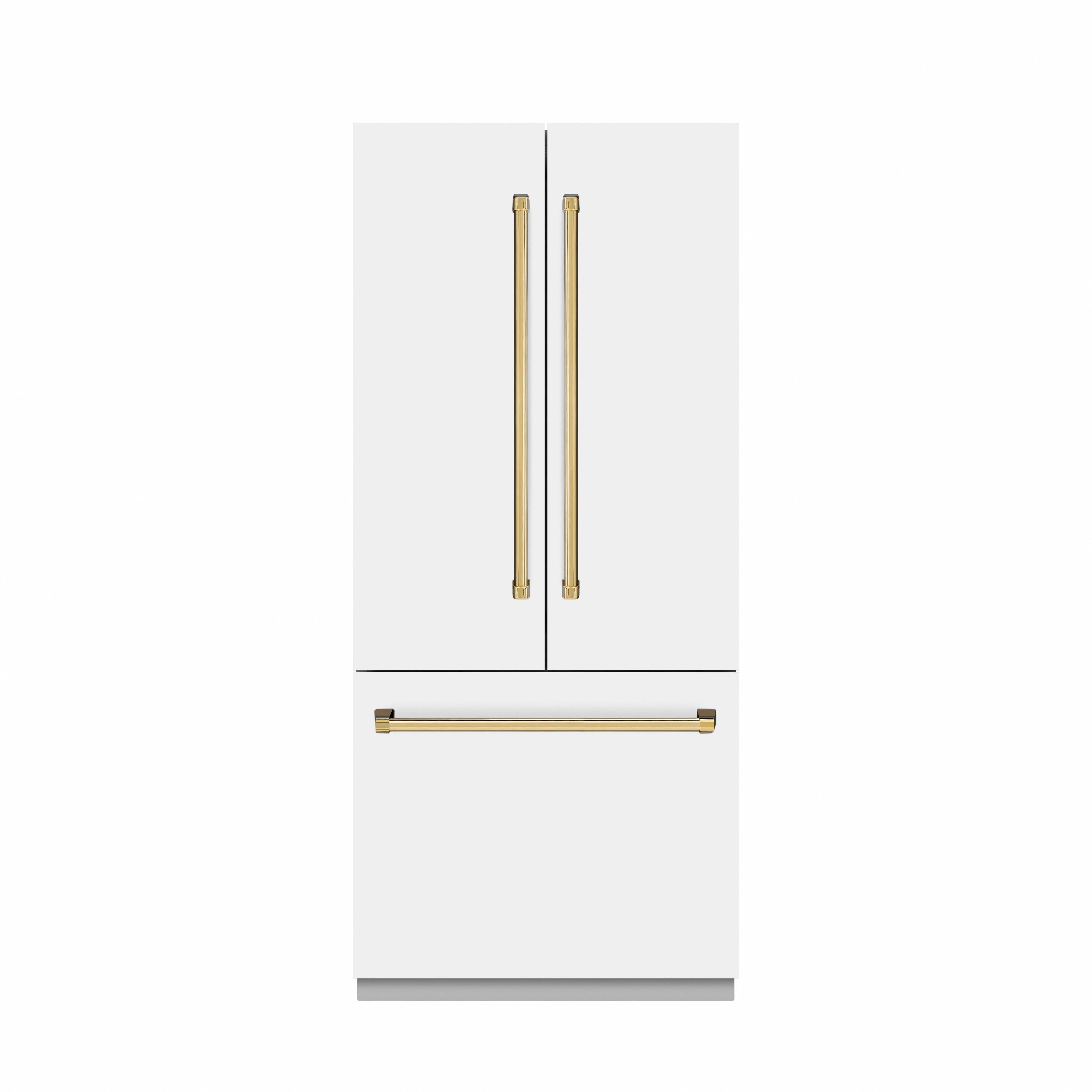 French-door refrigerator in matte white with polished gold handles and bottom freezer drawer