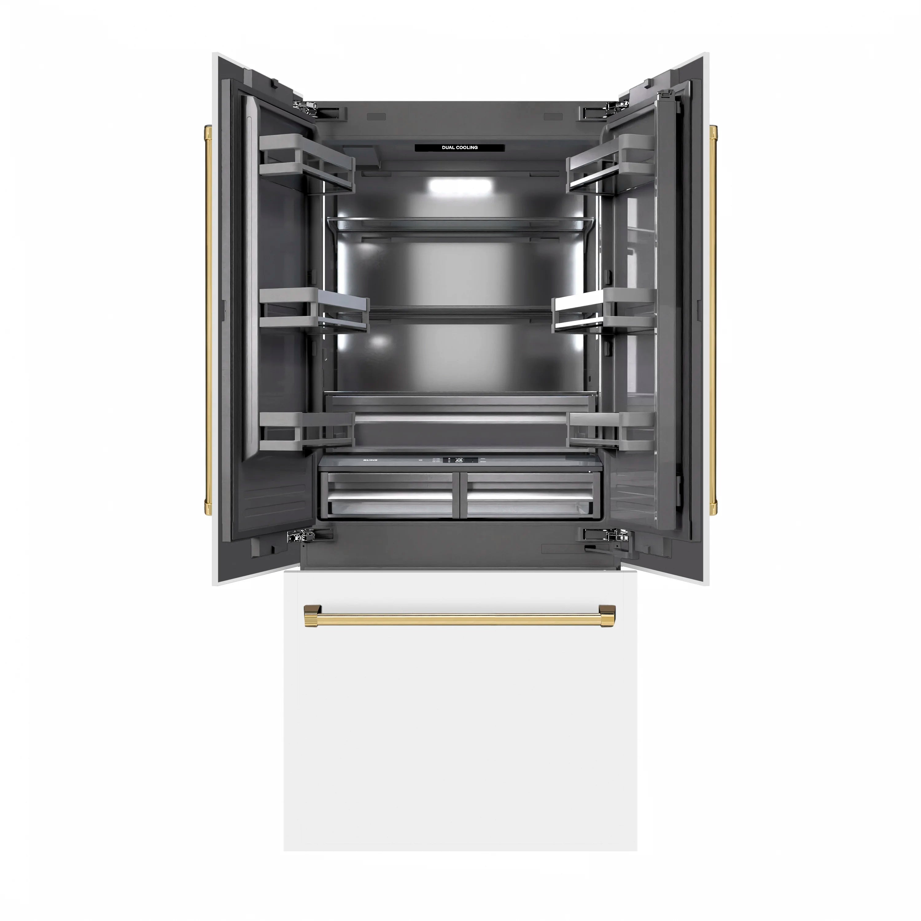 Built-in French-door bottom-freezer refrigerator with open doors and bright interior lights