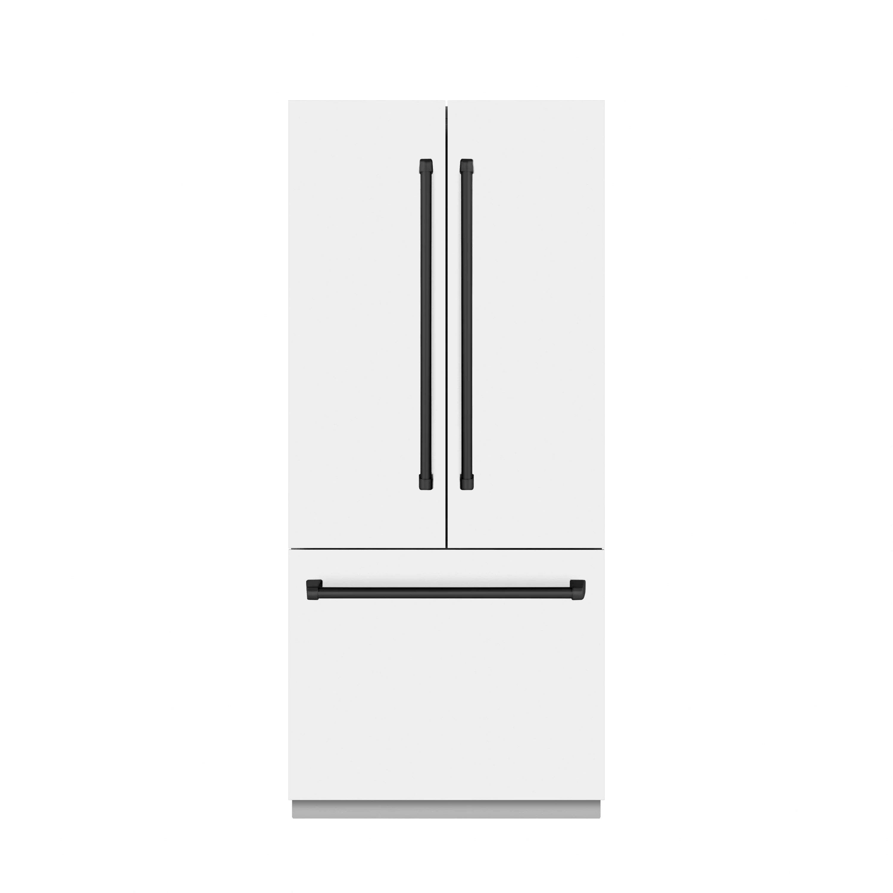 French door refrigerator exterior with two black vertical handles and base section