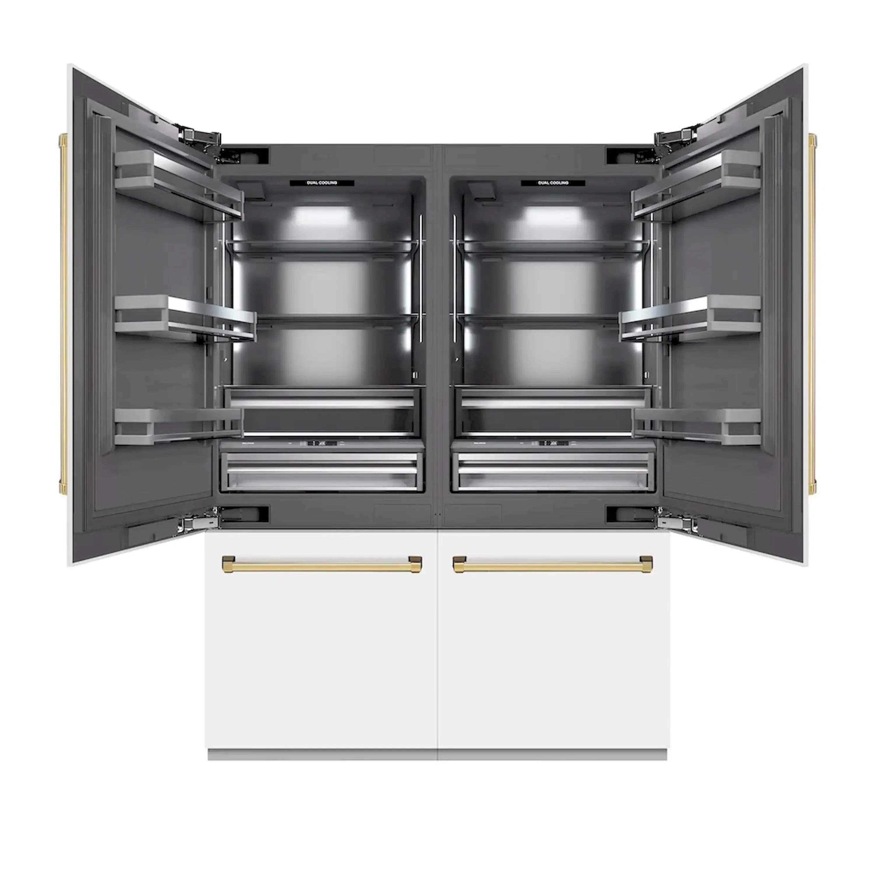 French-door refrigerator interior with adjustable shelves and pull-out freezer drawers