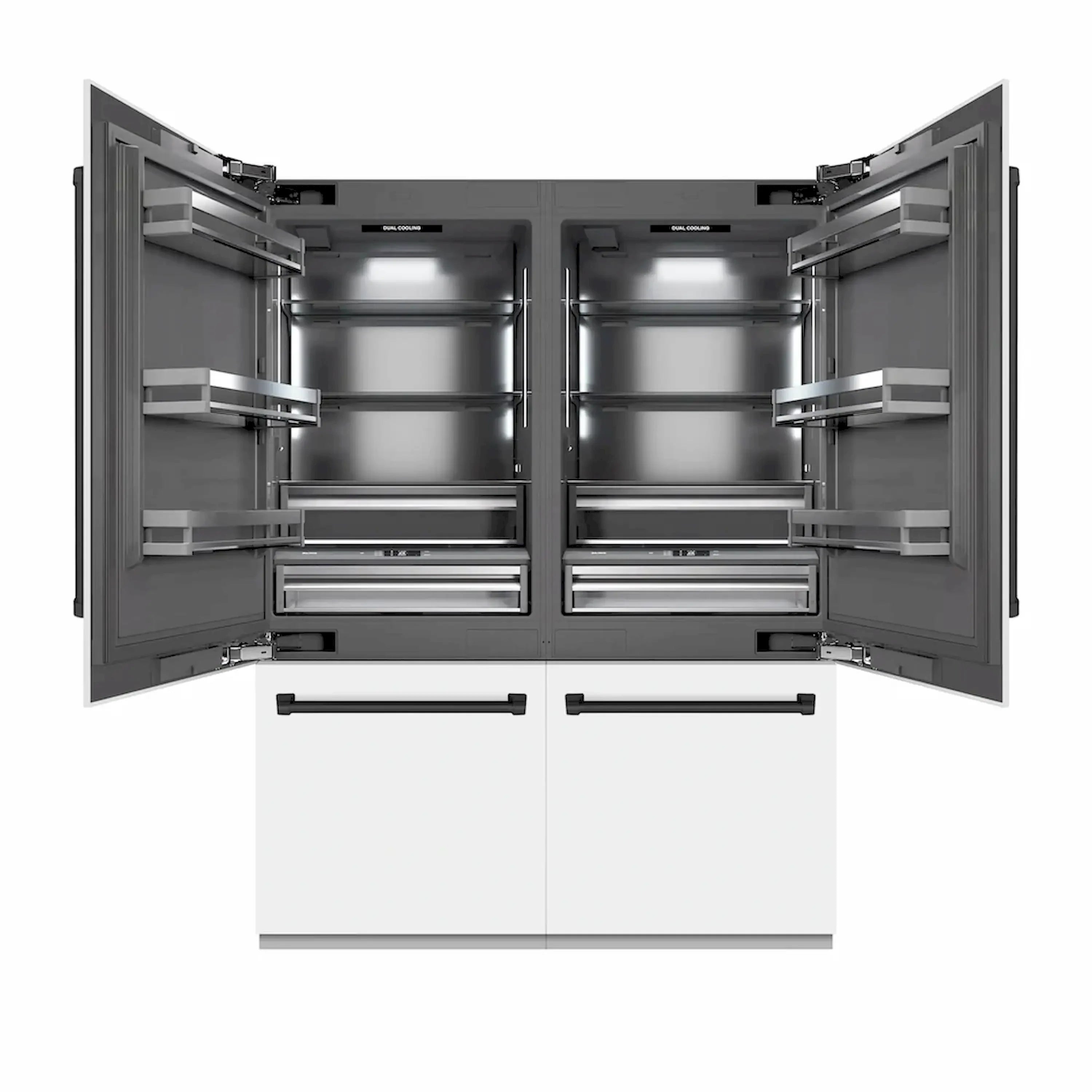 French door refrigerator with open doors, glass shelves, and interior storage bins