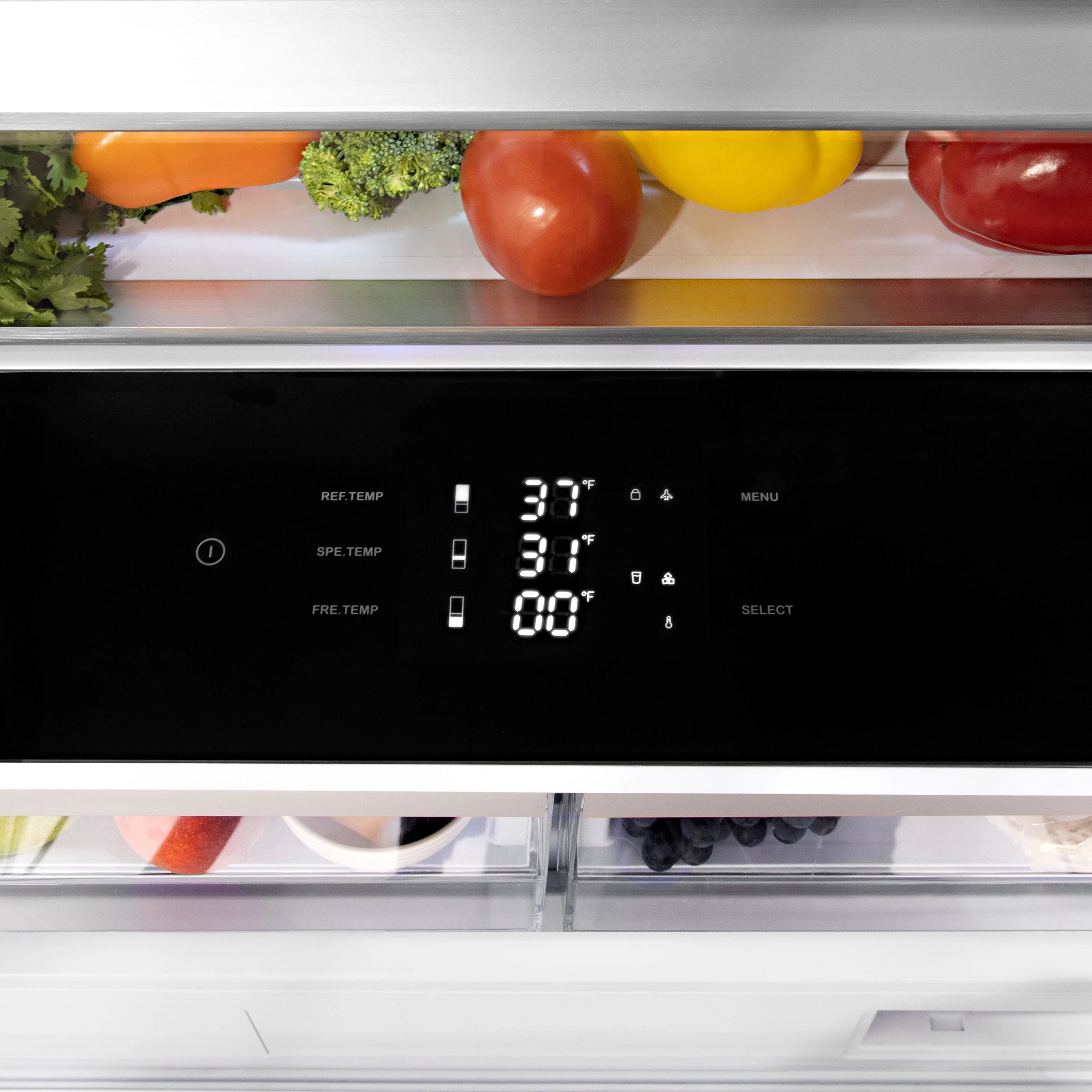 Refrigerator front vent and digital temperature display across the control panel