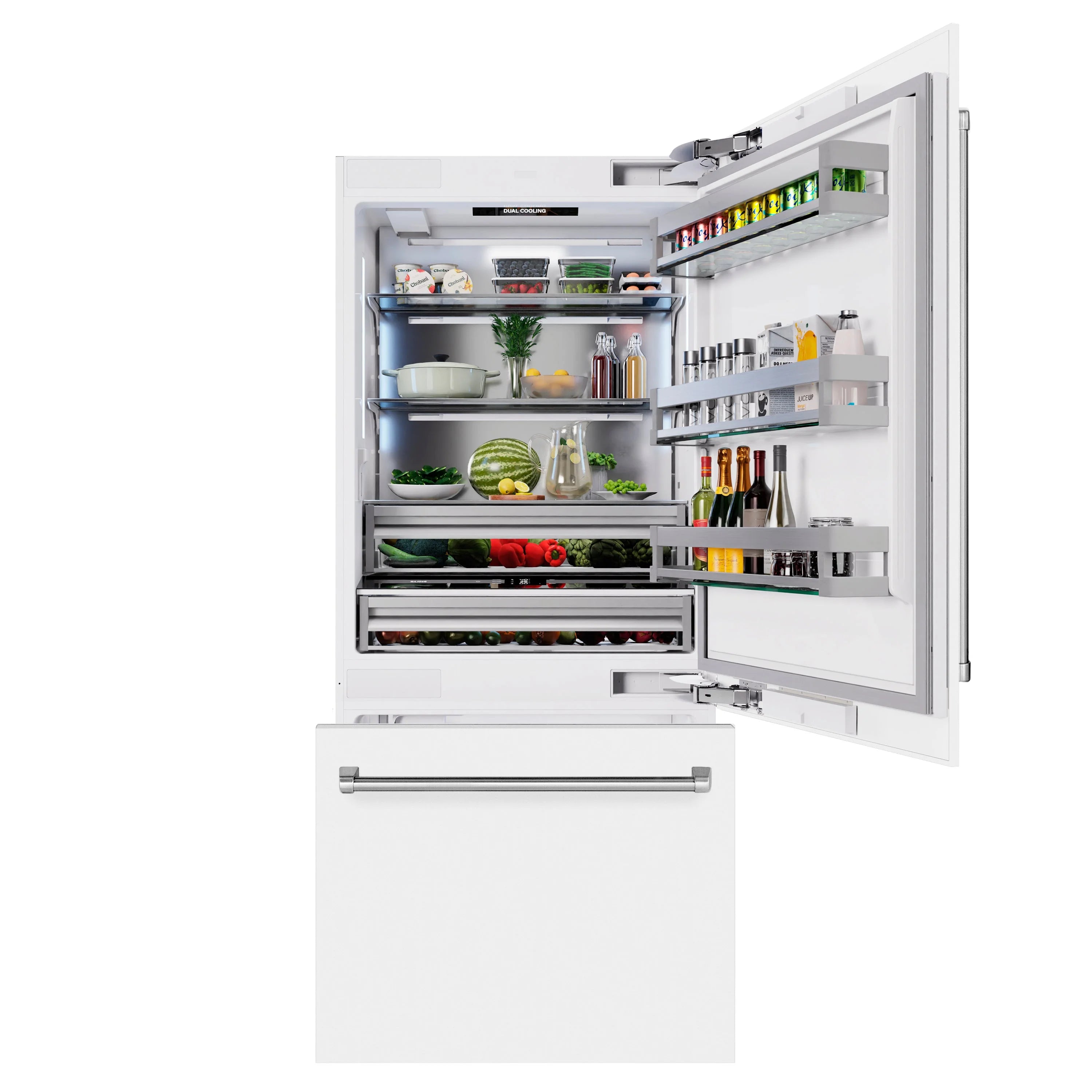 Open fresh-food compartment with adjustable shelves, door bins, and pull-out organizer