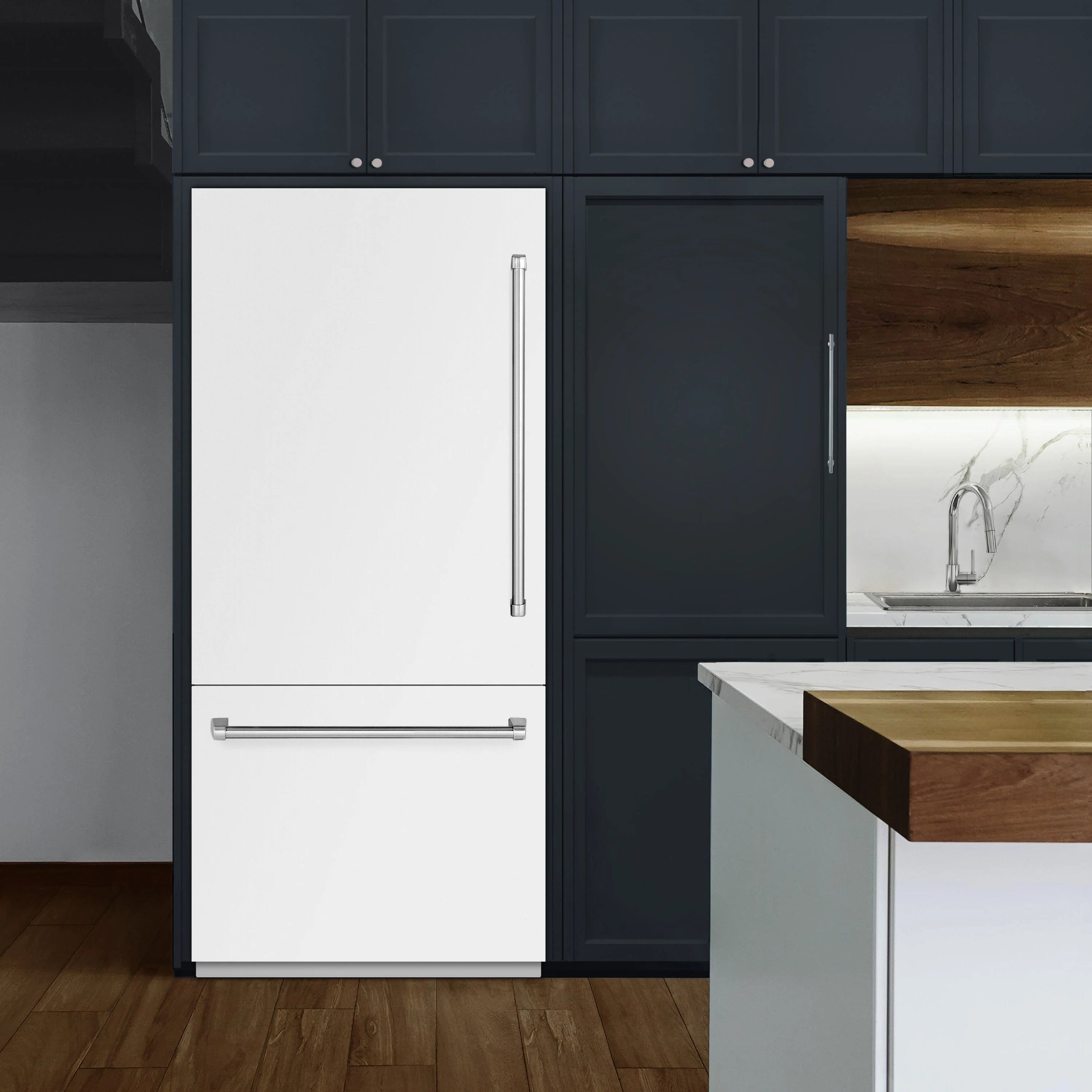 Matte white built-in bottom-freezer refrigerator with water dispenser and freezer handle