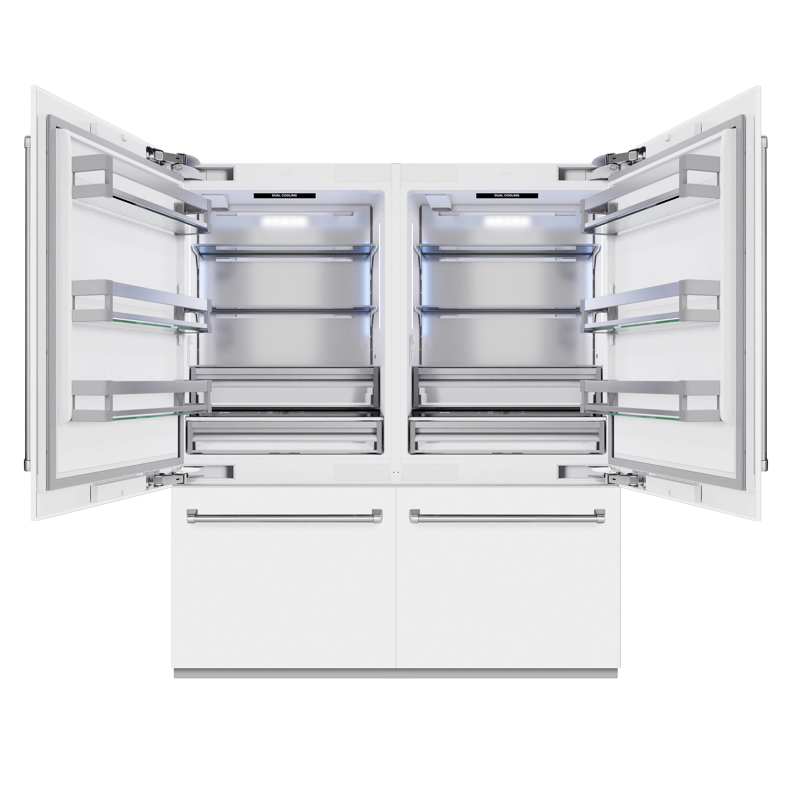 Open French door refrigerator interior with adjustable shelves and compartments