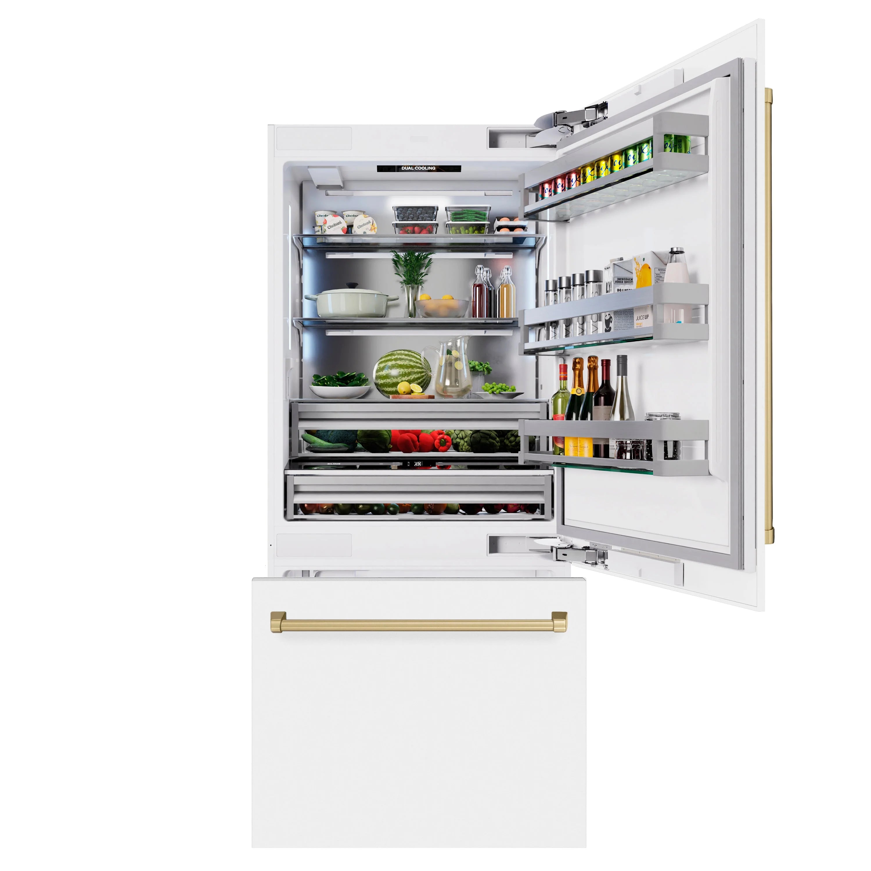 White refrigerator with open door showing interior shelves, drawers, and bottle storage