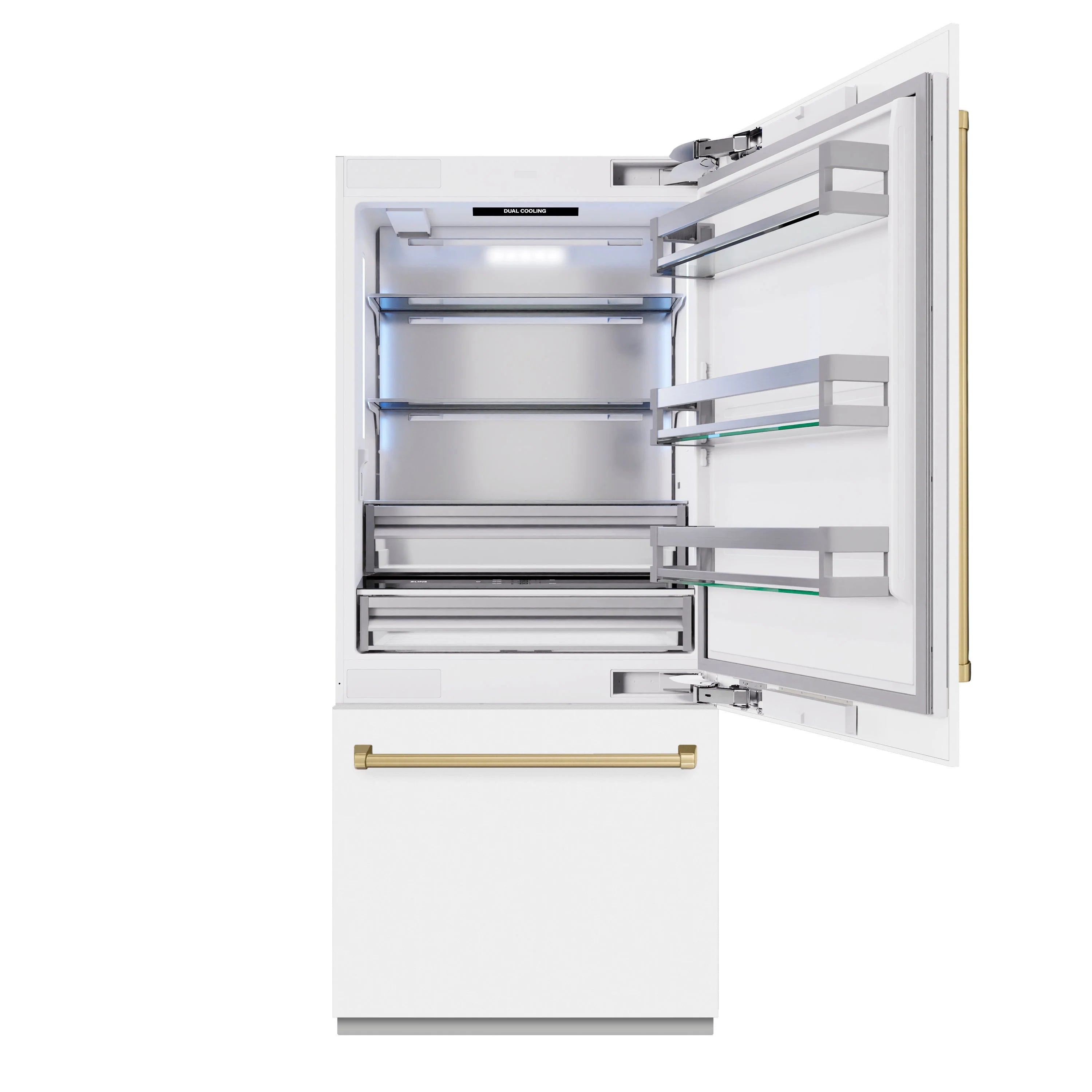 White refrigerator freezer compartment open with pull-out shelves and bins