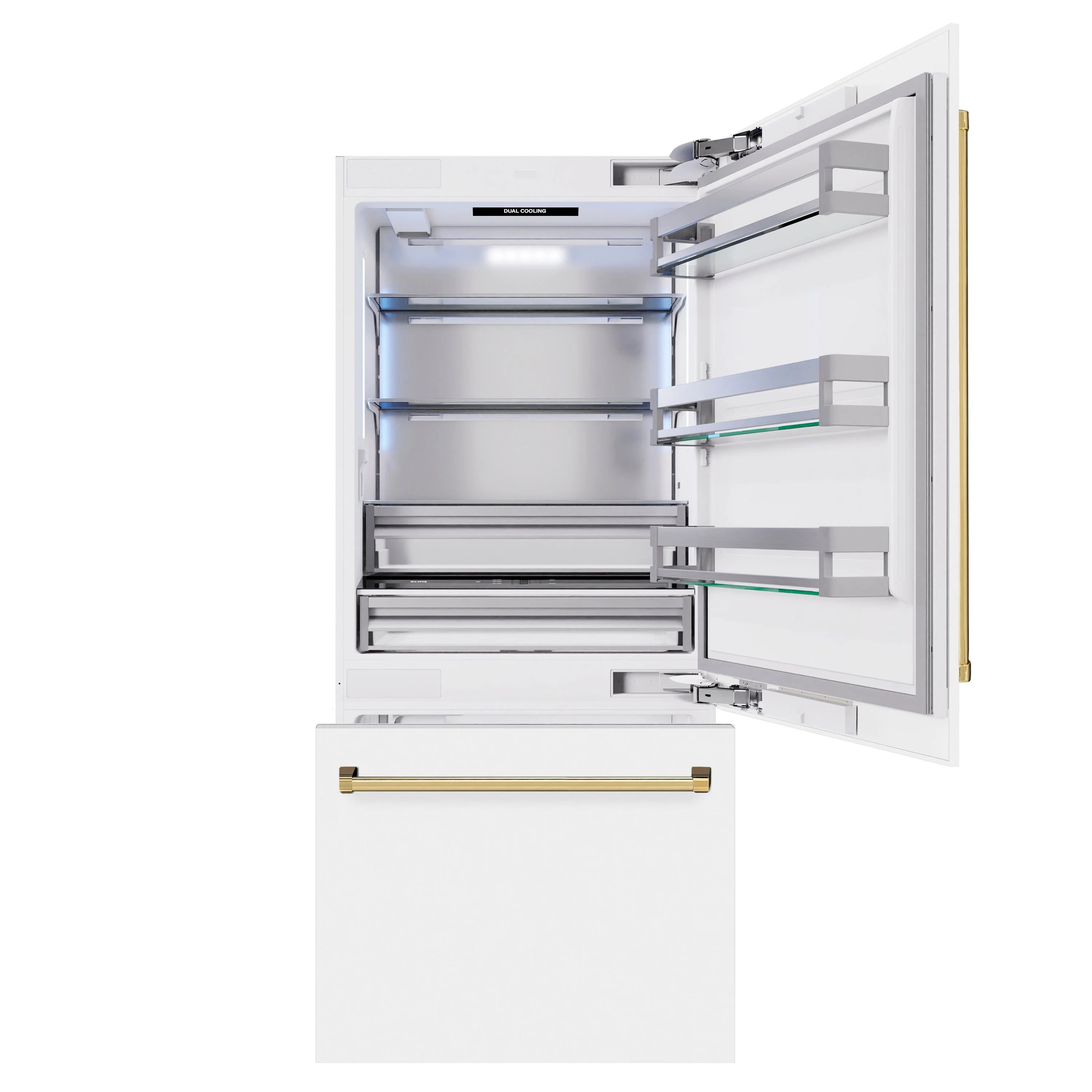 White bottom freezer refrigerator with open doors, interior shelves, and polished gold accent trim
