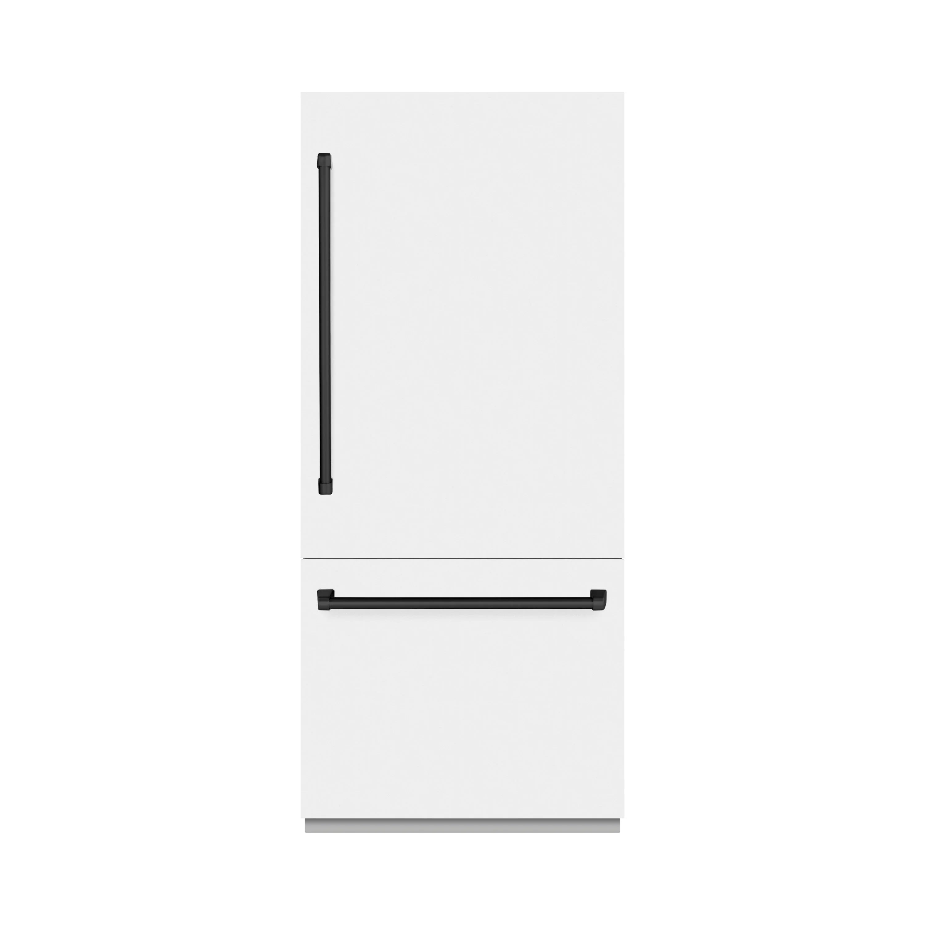 White refrigerator door and bottom freezer drawer with black handle bars