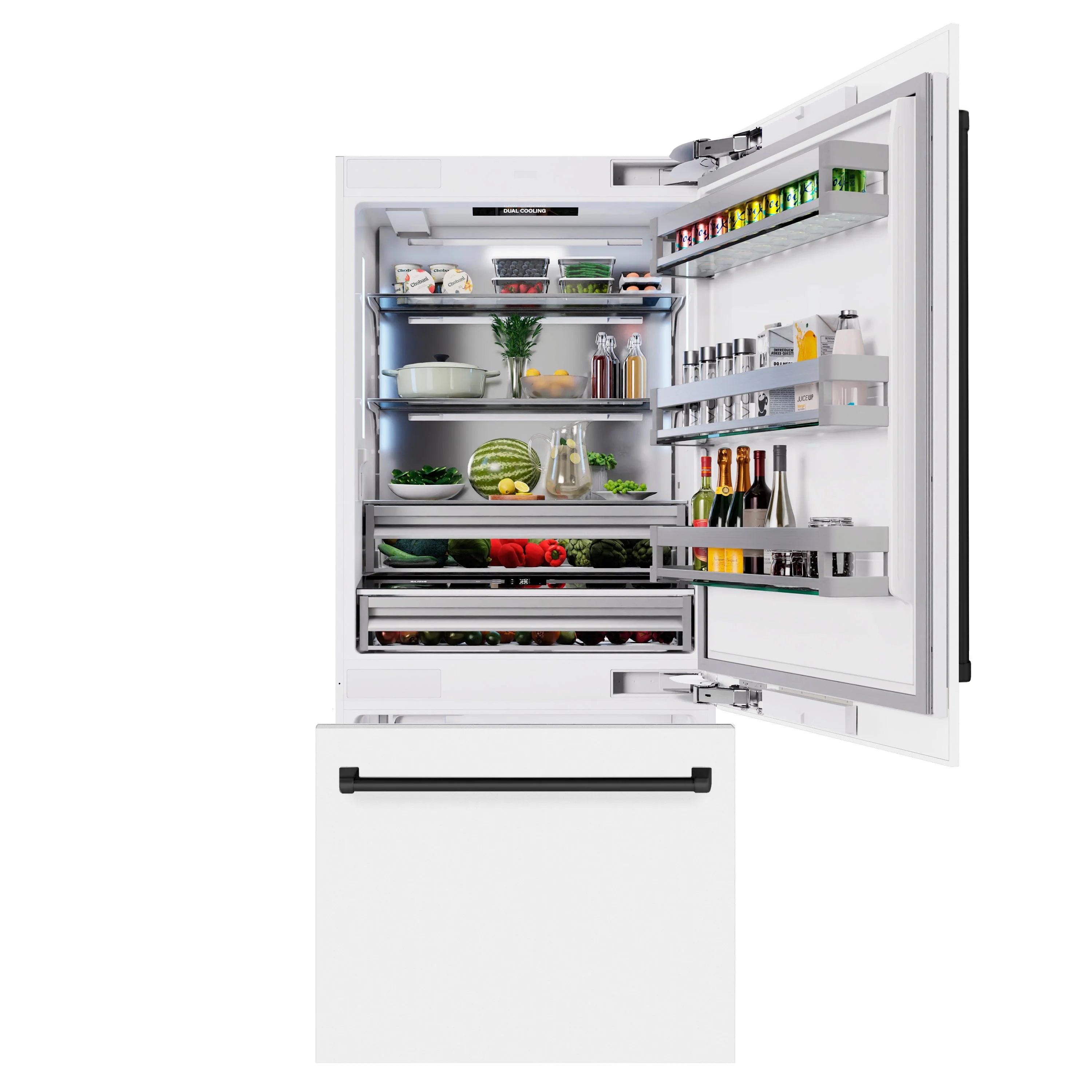 Open white refrigerator interior with shelves, bins, and door-side storage