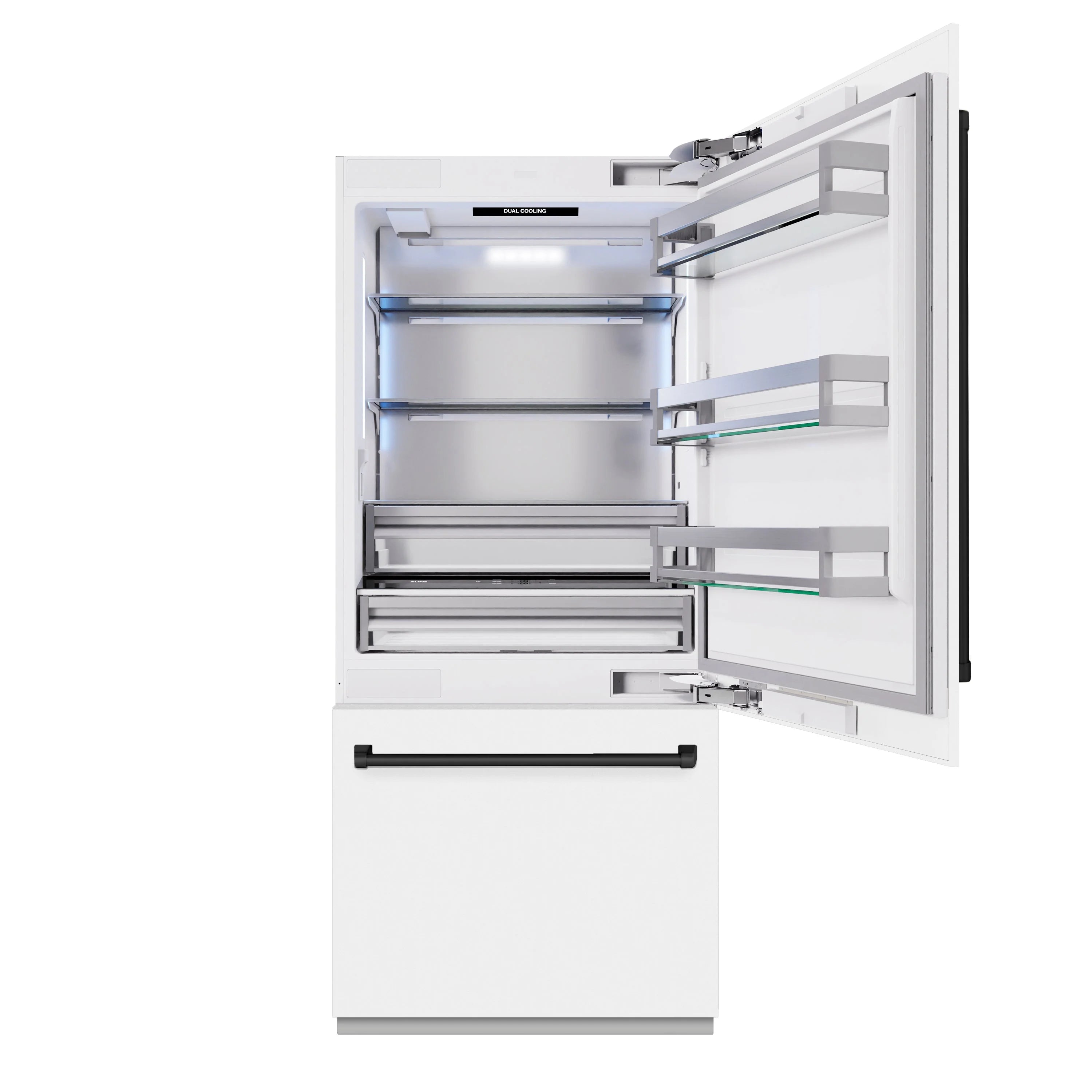 Open white fridge showing freezer drawer and illuminated upper refrigerator shelves