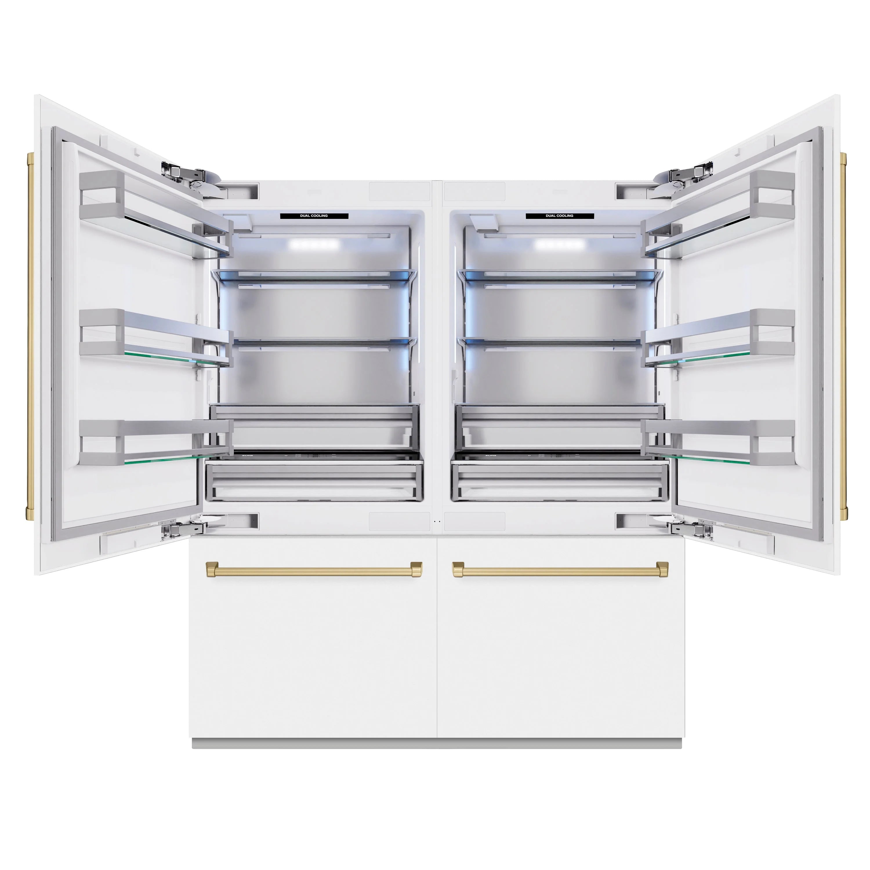 French door refrigerator interior with open doors, shelves, and slide-out freezer drawers