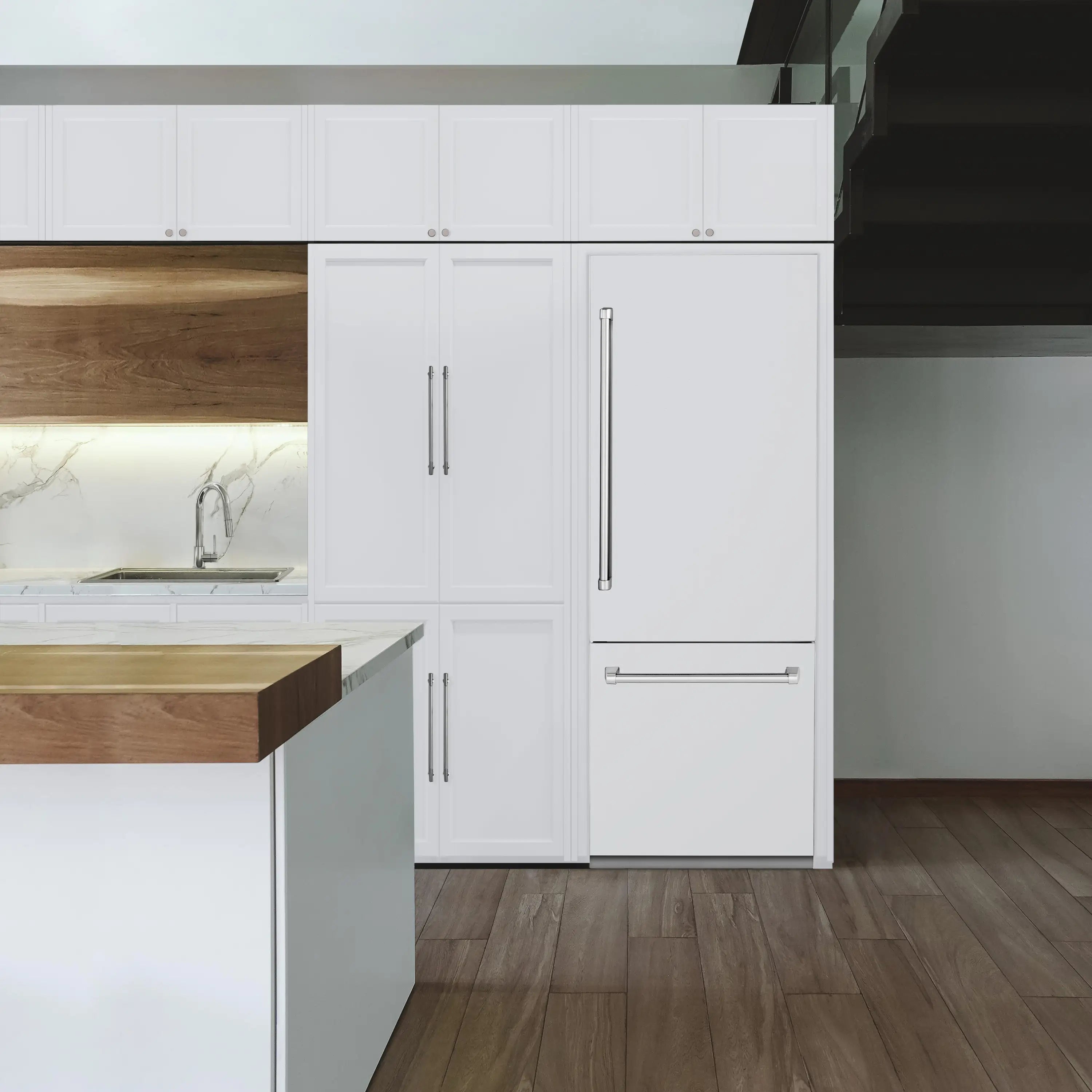 White matte built-in bottom freezer refrigerator with 2 doors and long bar handles