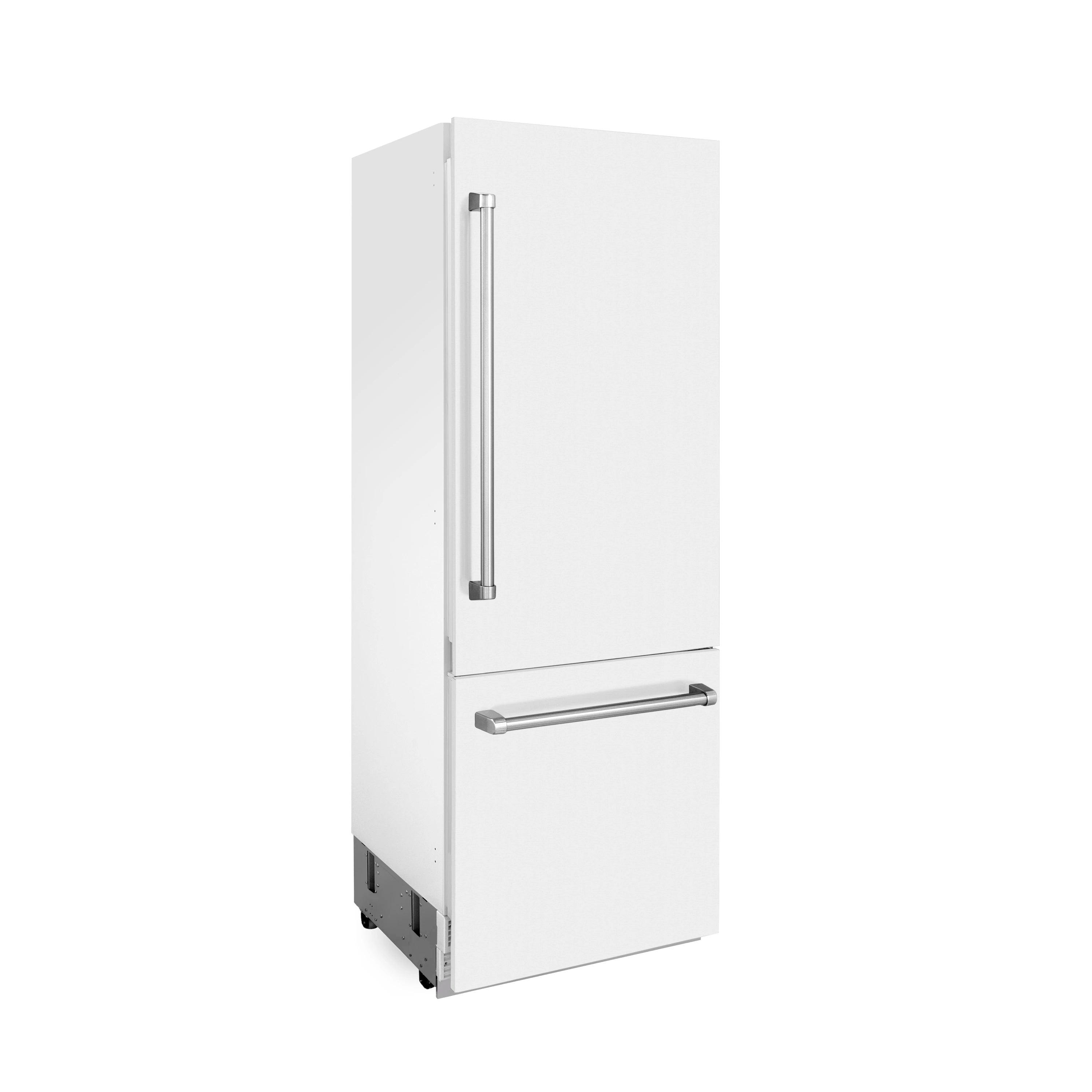White matte built-in bottom freezer refrigerator with long vertical and horizontal bar handles