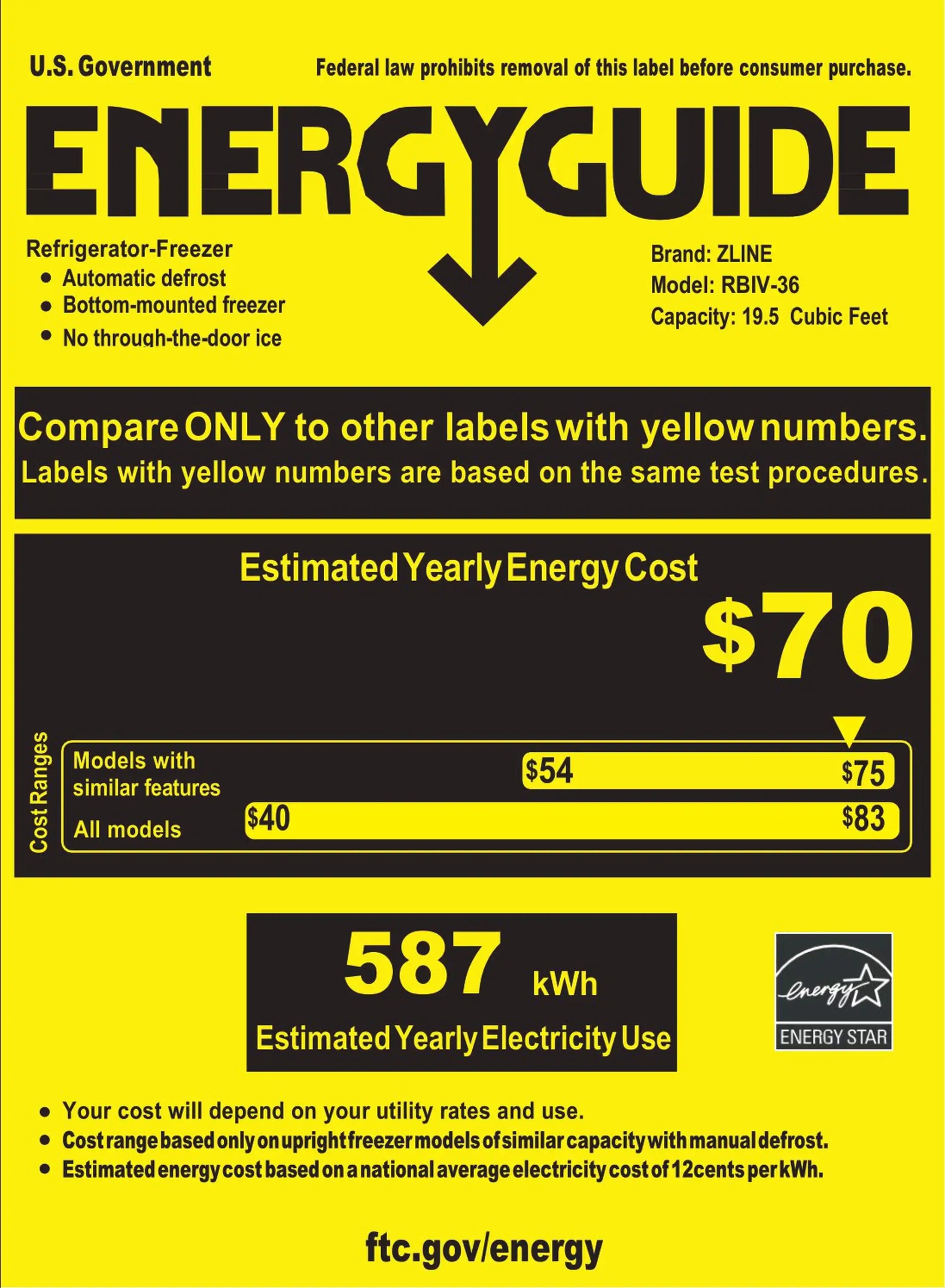 Refrigerator Energy Guide label for ZLINE 36-inch built-in French door fridge, $70/year
