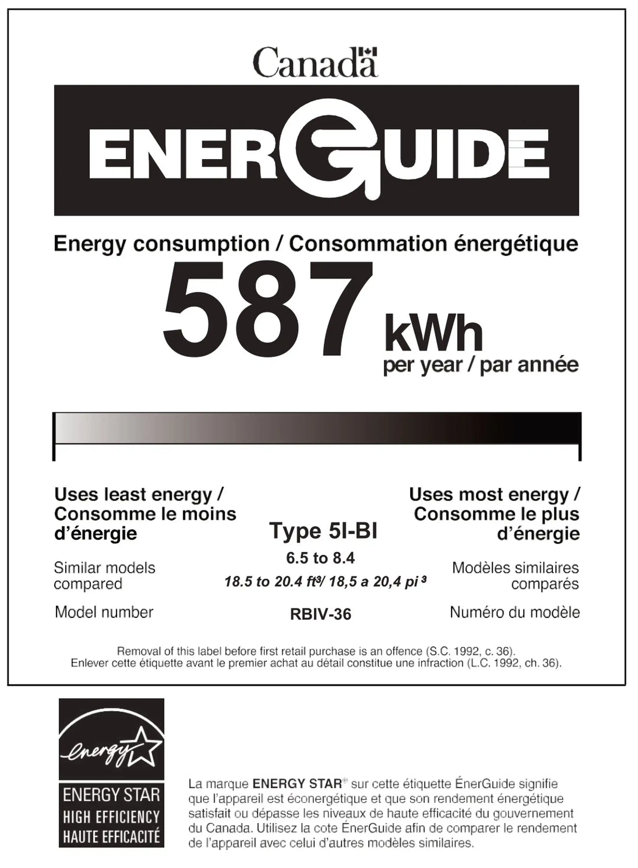 ENERGYGUIDE label for ZLINE refrigerator: 587 kWh per year