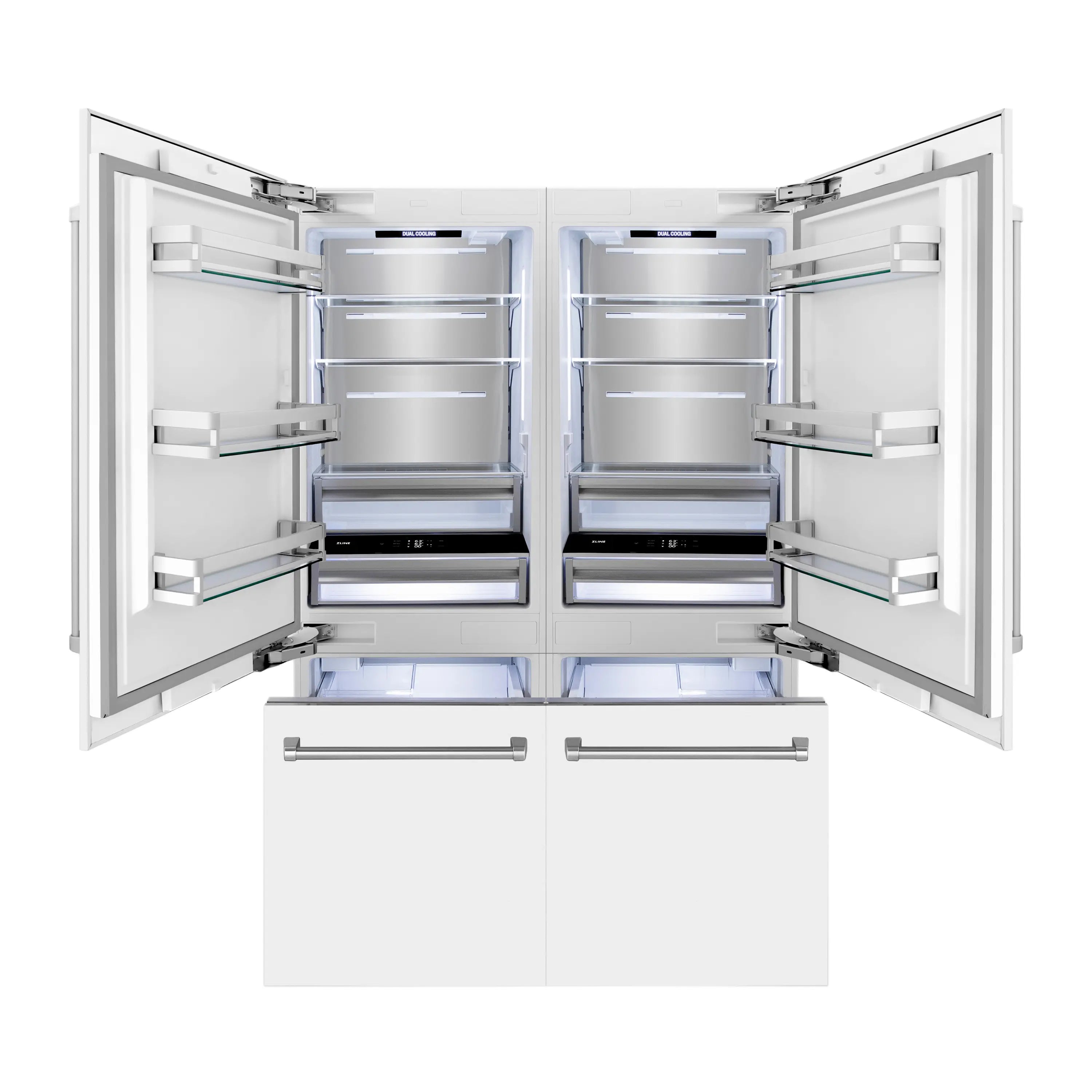White matte built-in French door refrigerator with open doors showing shelves and freezer drawers